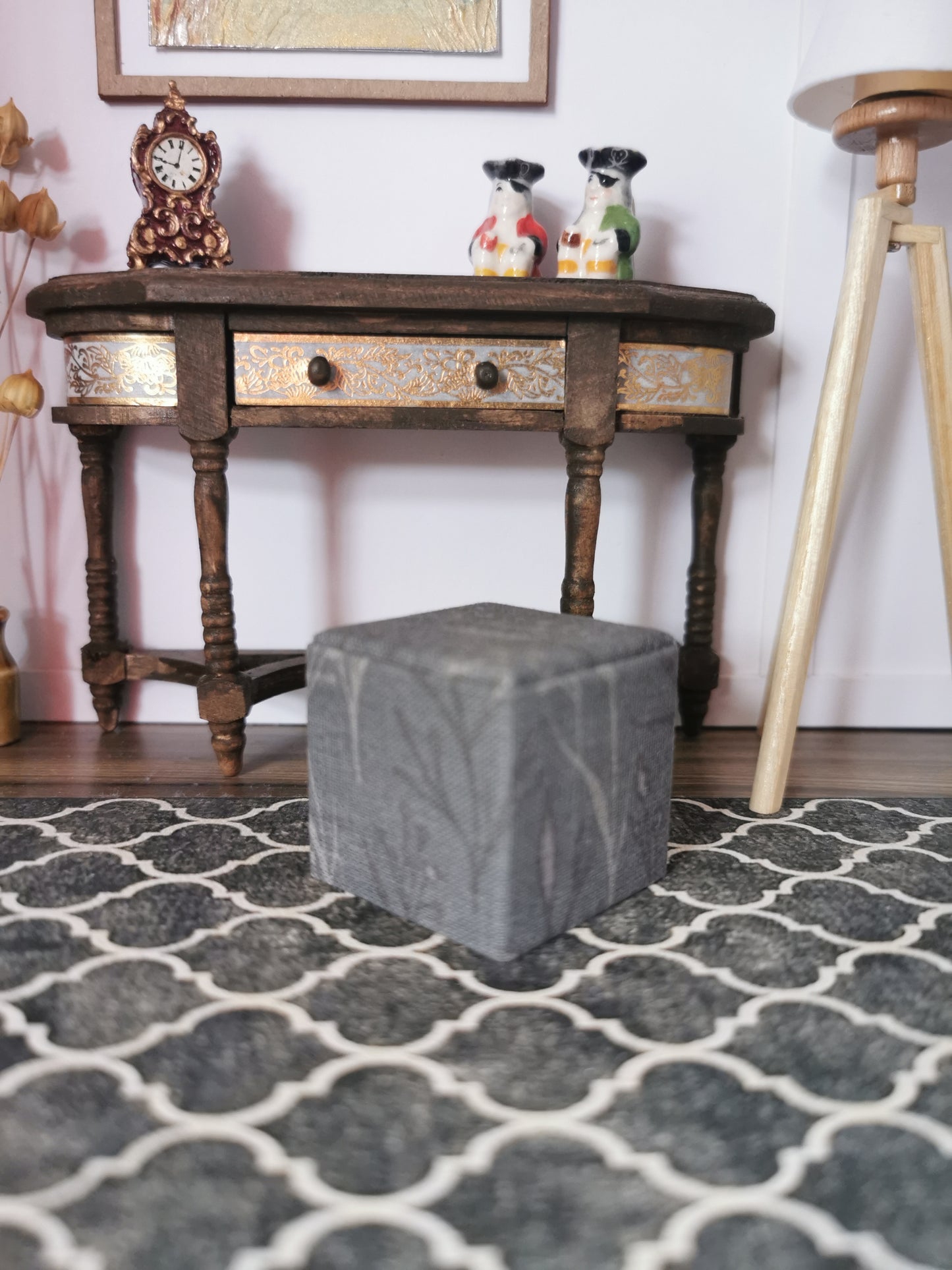 Grey Leaf Print Cube Foot Stool | 1:12th Scale | Hand Finished