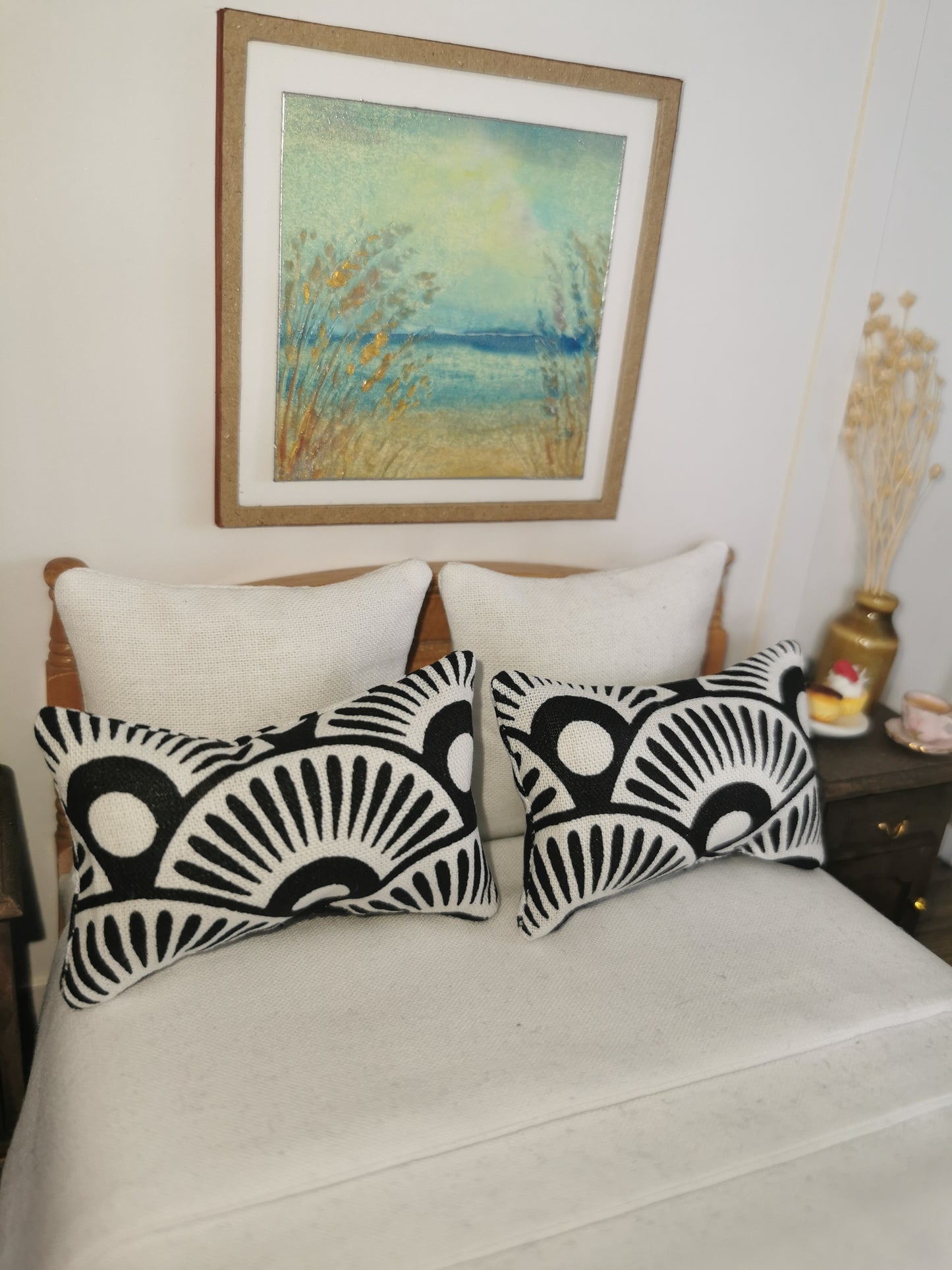 White/Black Fan Print Pillows | Set of 2 | 1:12th Scale | Handmade