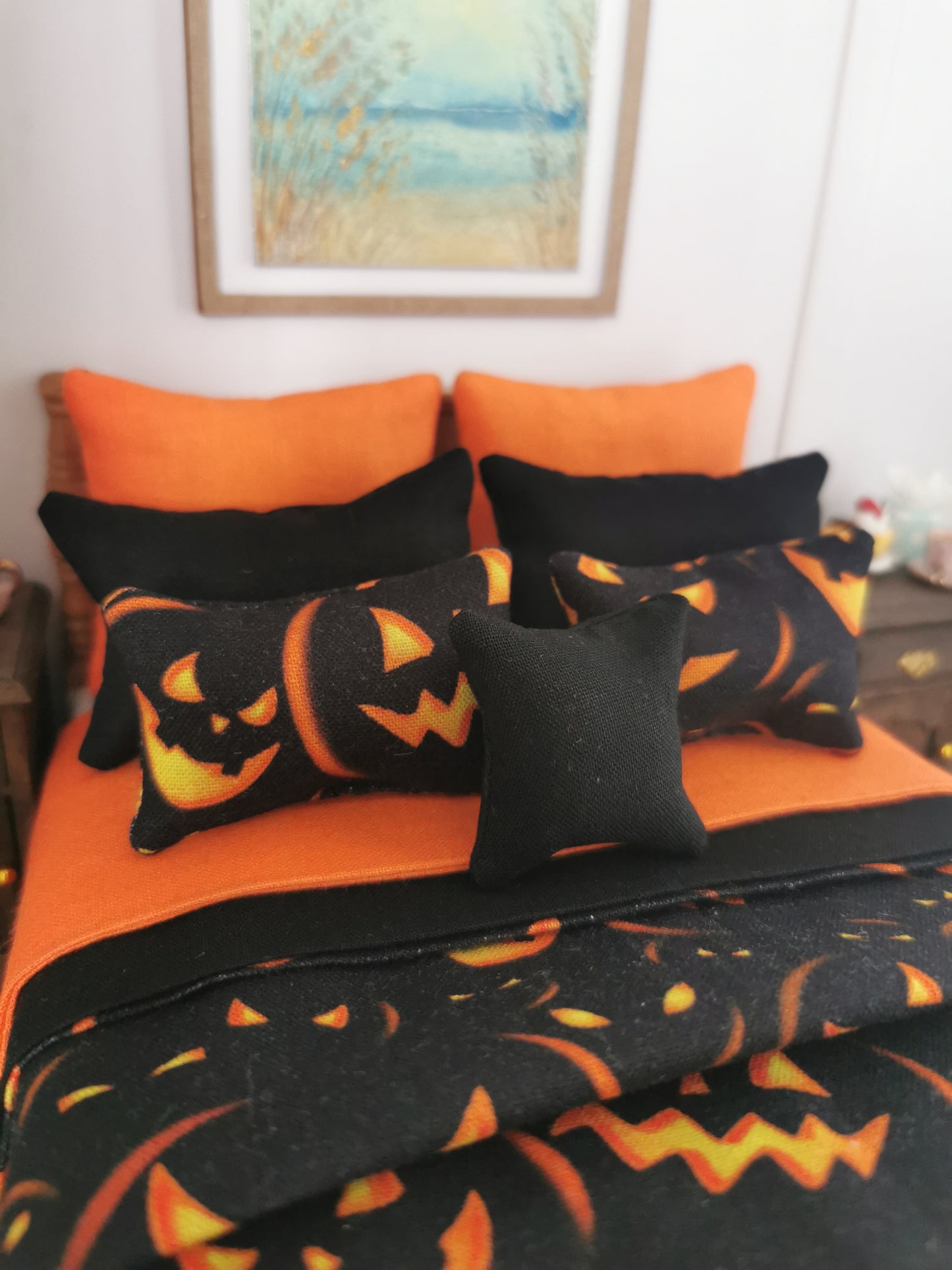 Black/Orange Halloween Print Bed Linen Set | Set of 9 | 1:12th Scale | Handmade