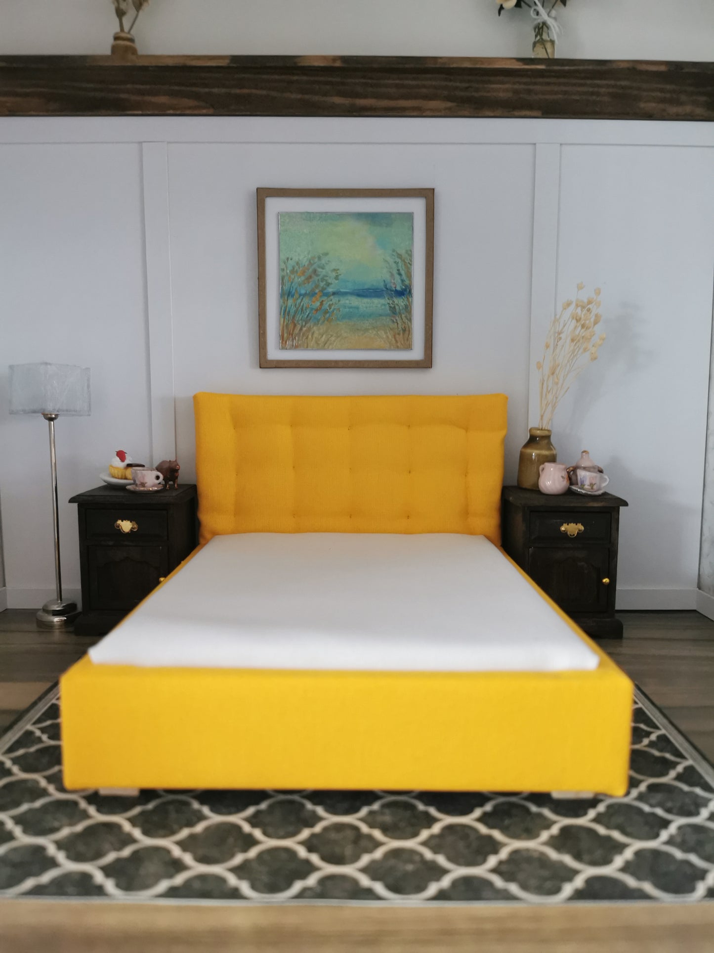 Double Bed with Tufted Headboard | 1:12th Scale | Made To Order | Handmade - ZJ Miniatures 