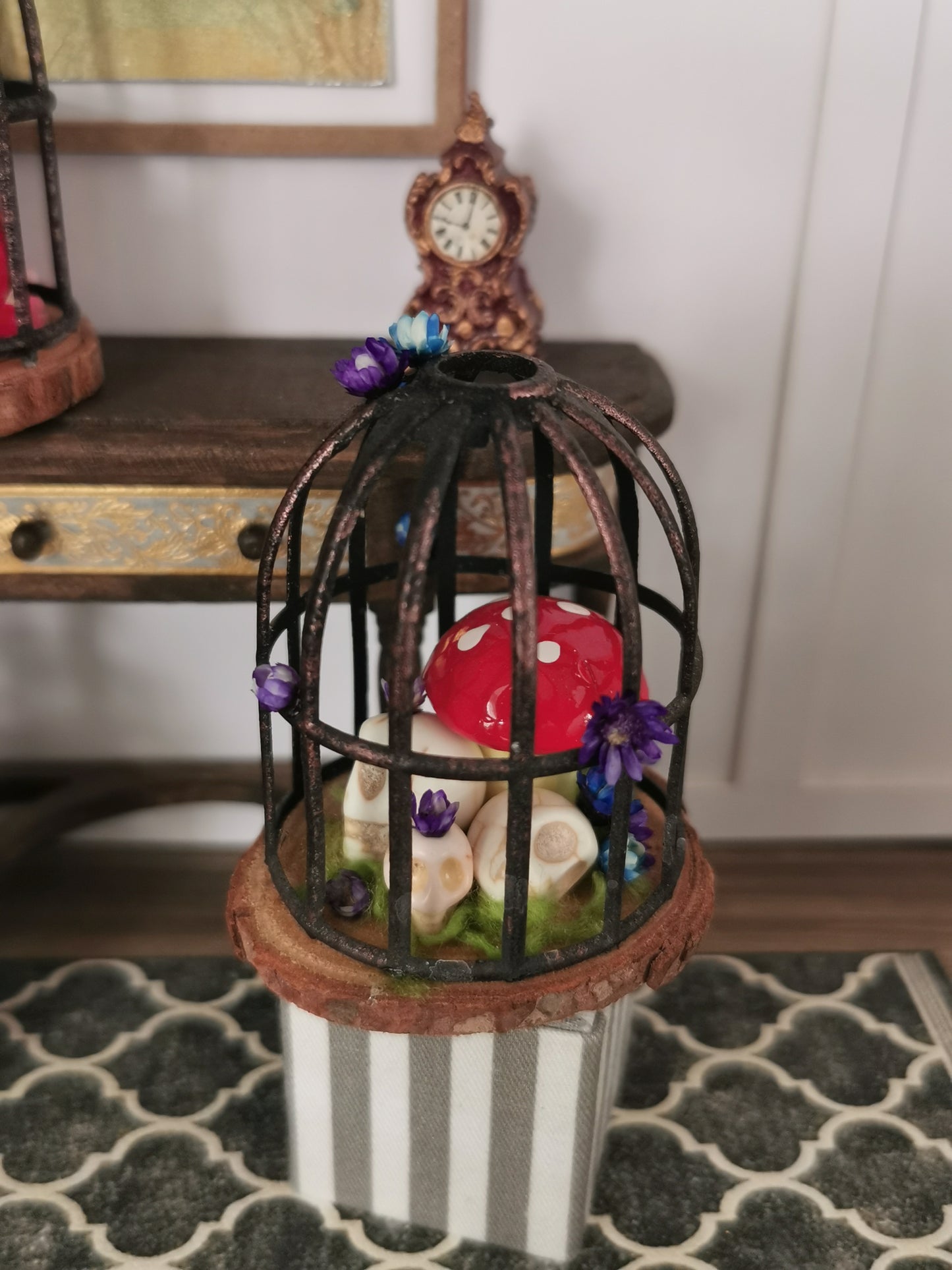 Spooky Birdcage with Mushrooms & Skulls | 1:12th Scale | Handmade & Hand Finished