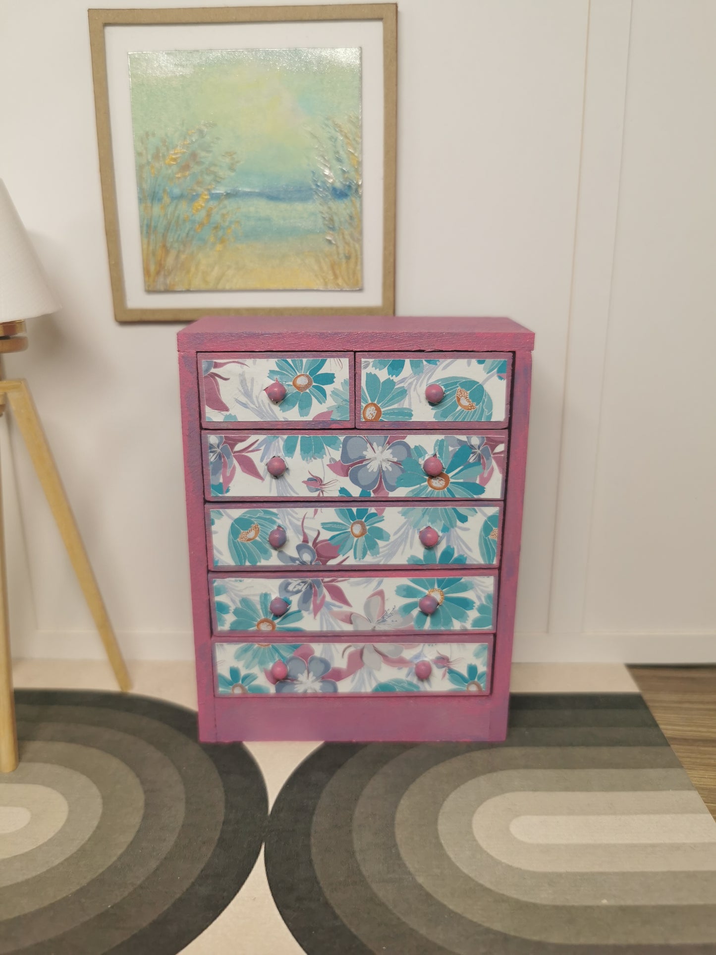 Chest of Drawers in Purple & Teal Floral | 1:12th Scale | Hand-Finished