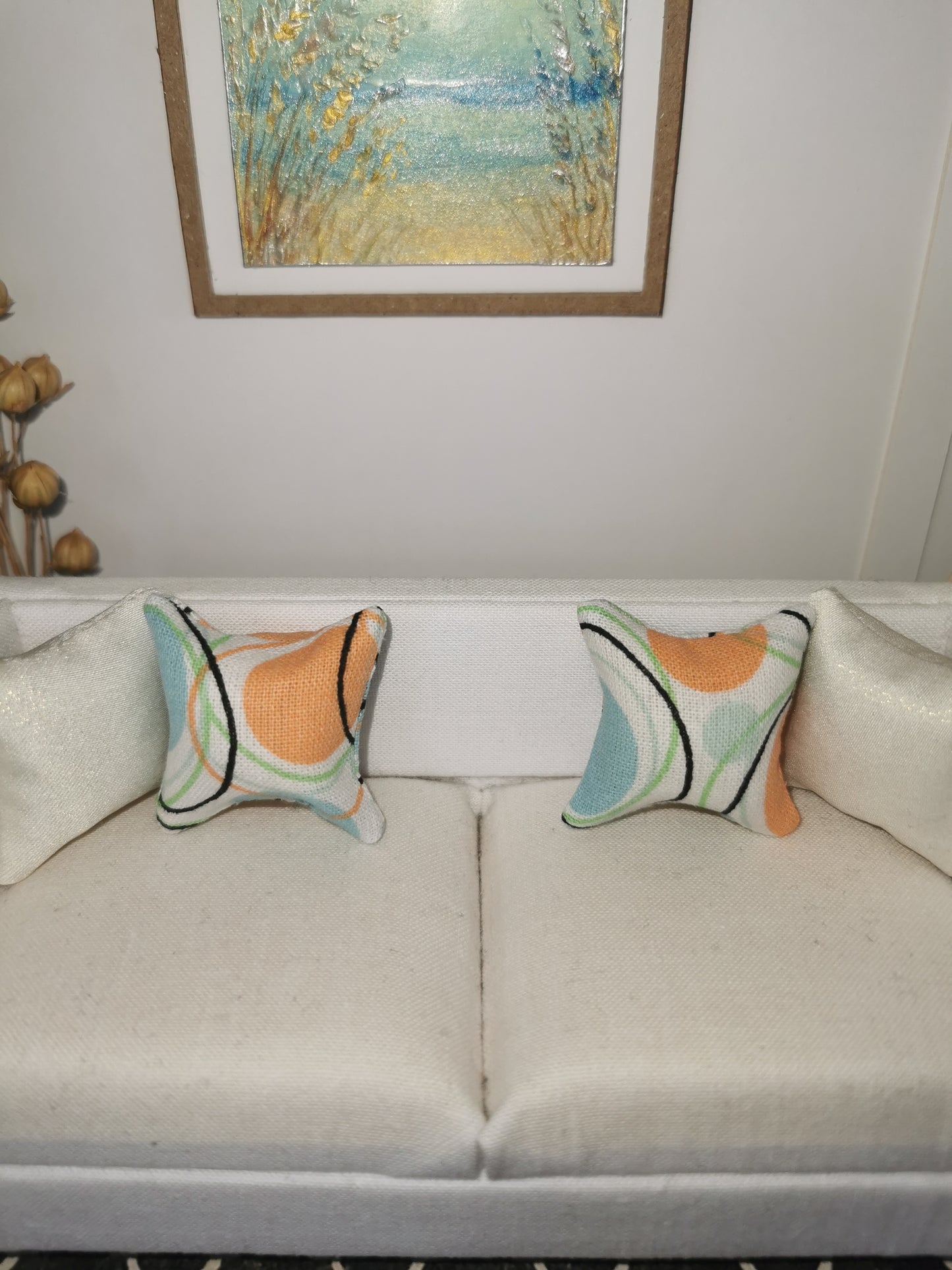 Orange/Aqua/White Retro Print Cushion | 1:12th Scale | Handmade