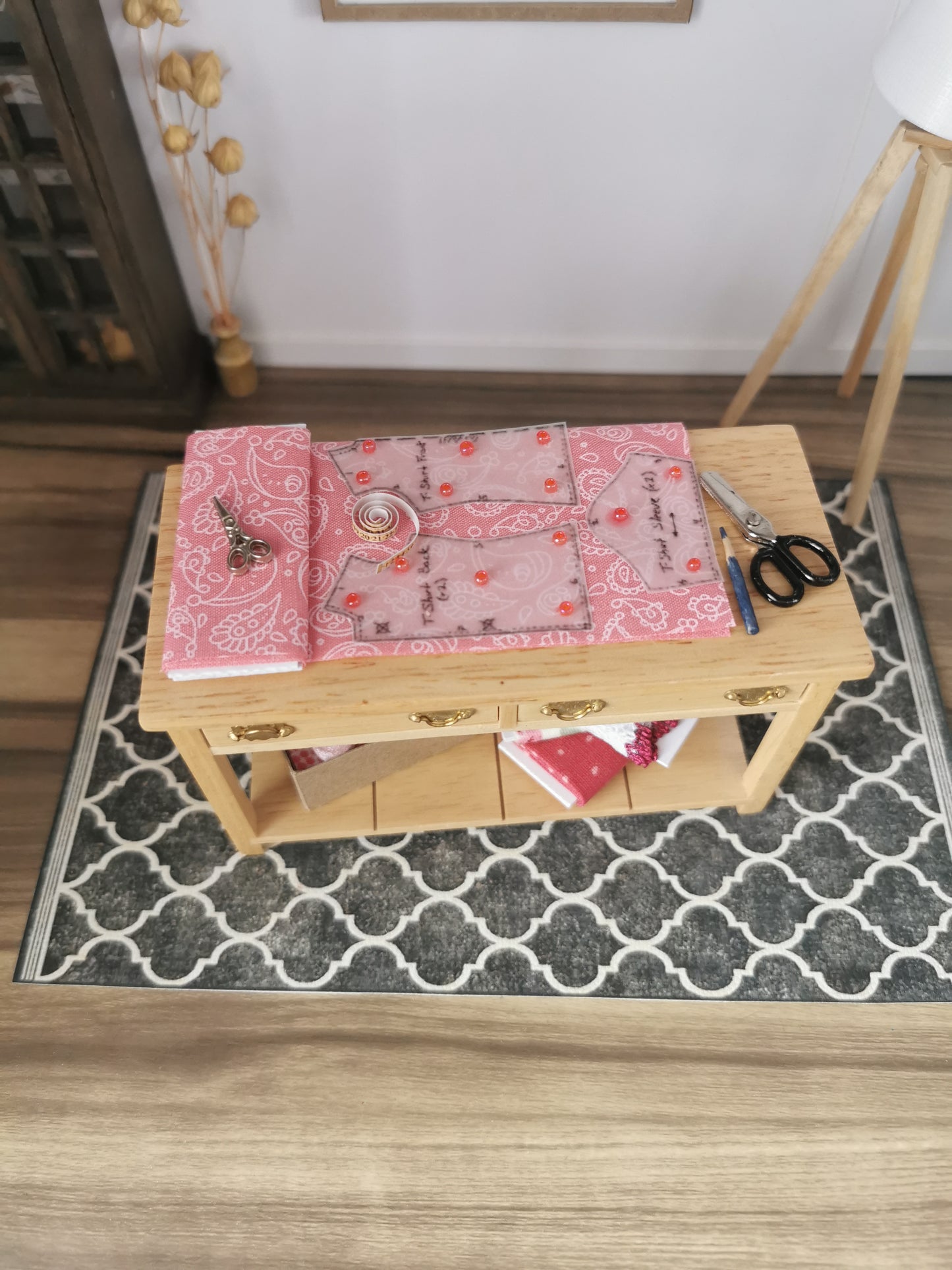 Dressmakers Table Pink Paisley | 1:12th Scale | Handmade