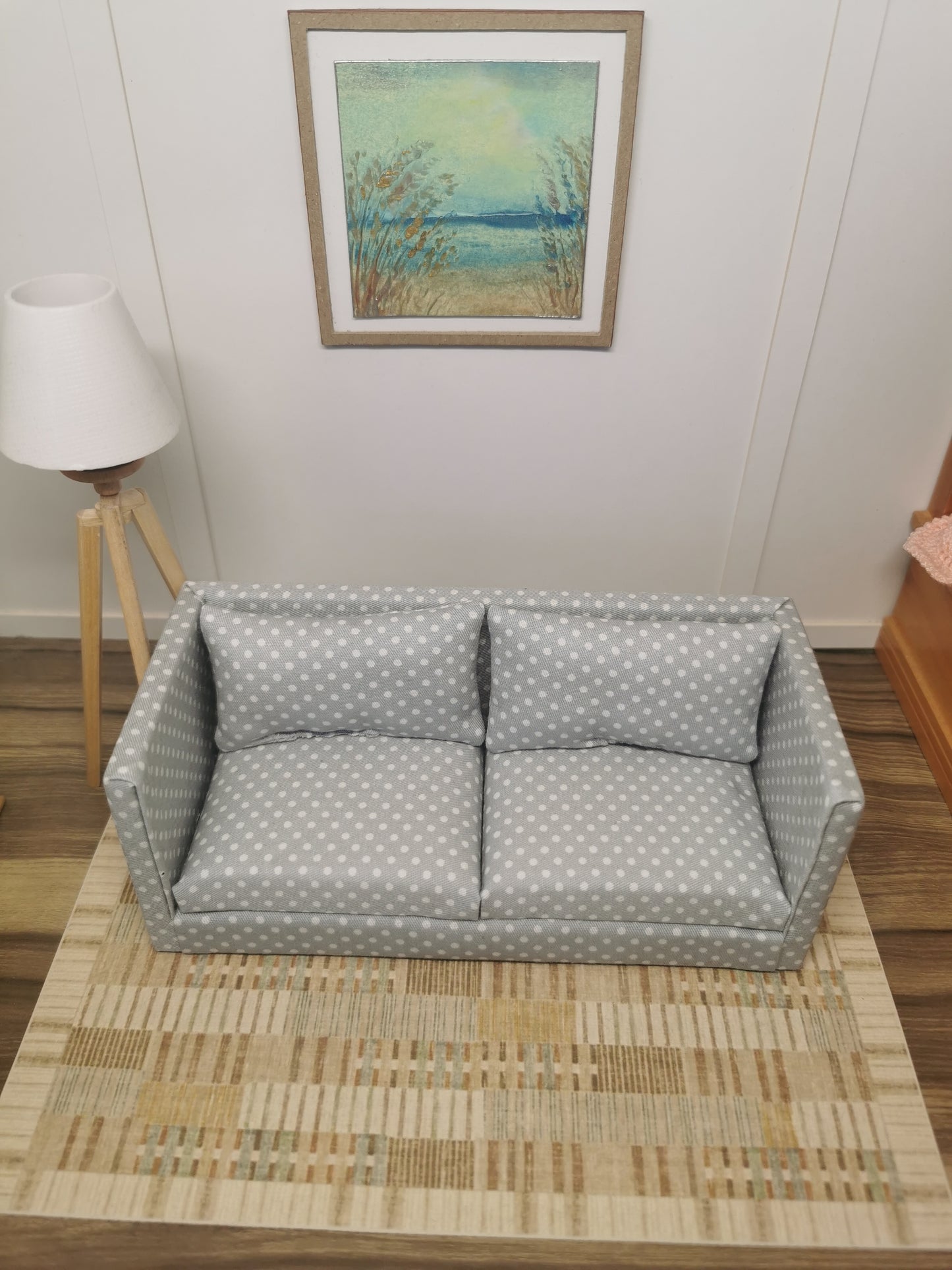 Grey & White Spot 2 Seater Sofa | 1:12th Scale | Handmade