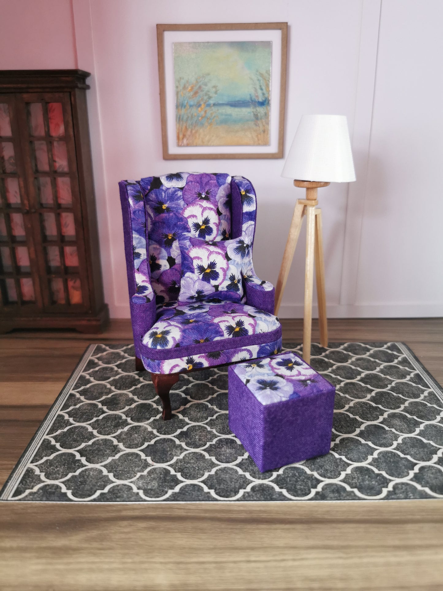 Purple Pansy Wingback Chair & Foot Stool | 1:12th Scale | Hand Finished