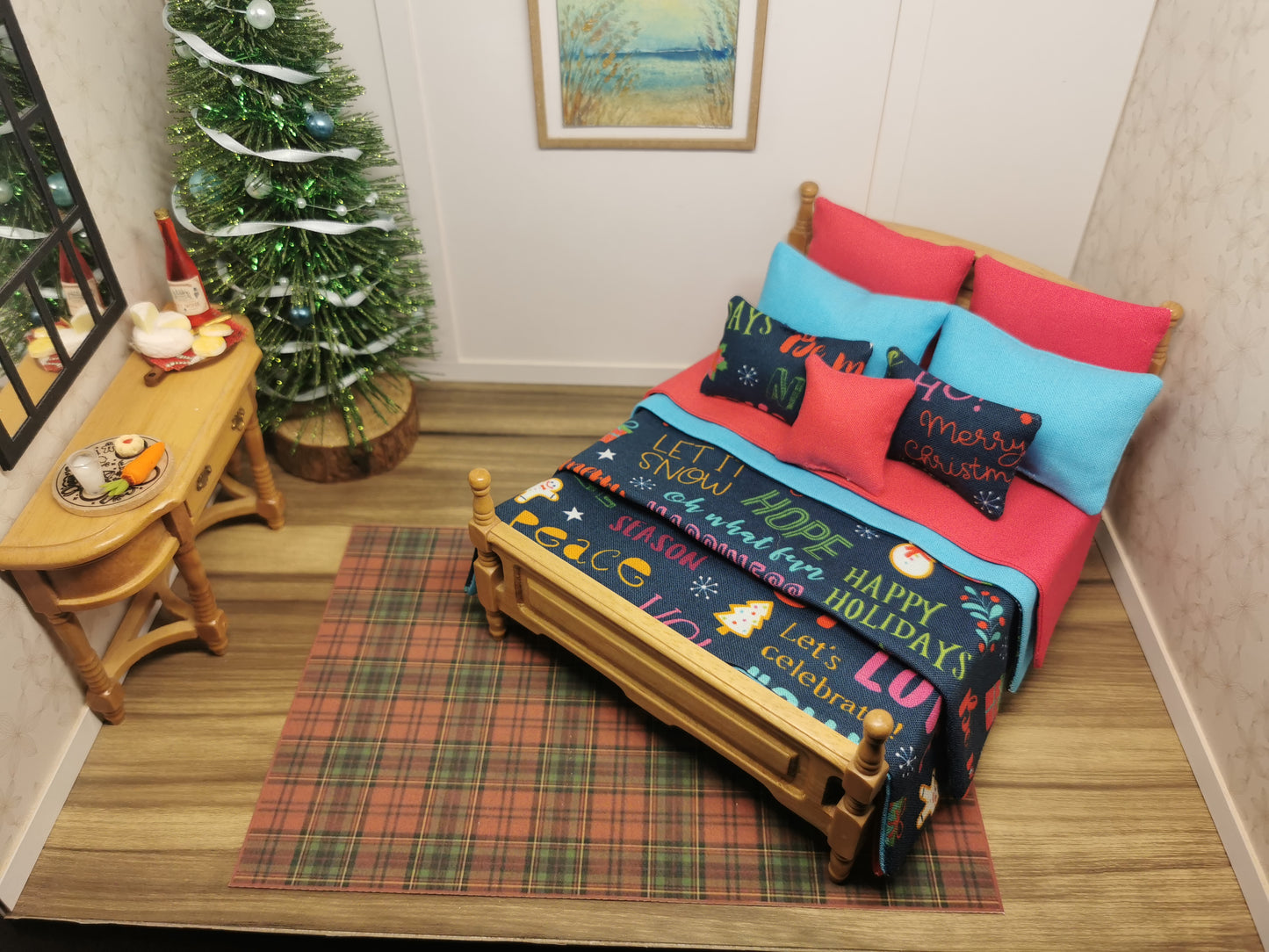 Navy Word Christmas Double Bed Linen Set | 1:12th Scale | Handmade