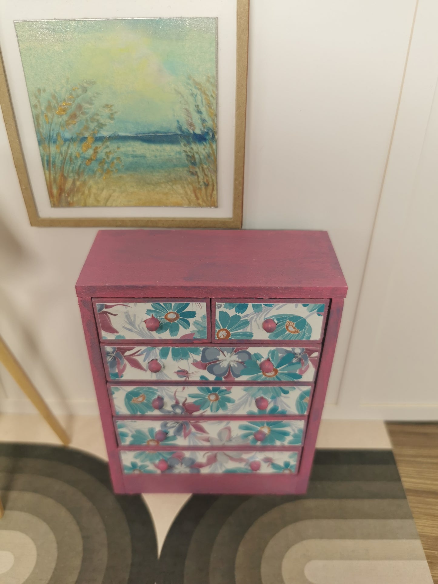 Chest of Drawers in Purple & Teal Floral | 1:12th Scale | Hand-Finished