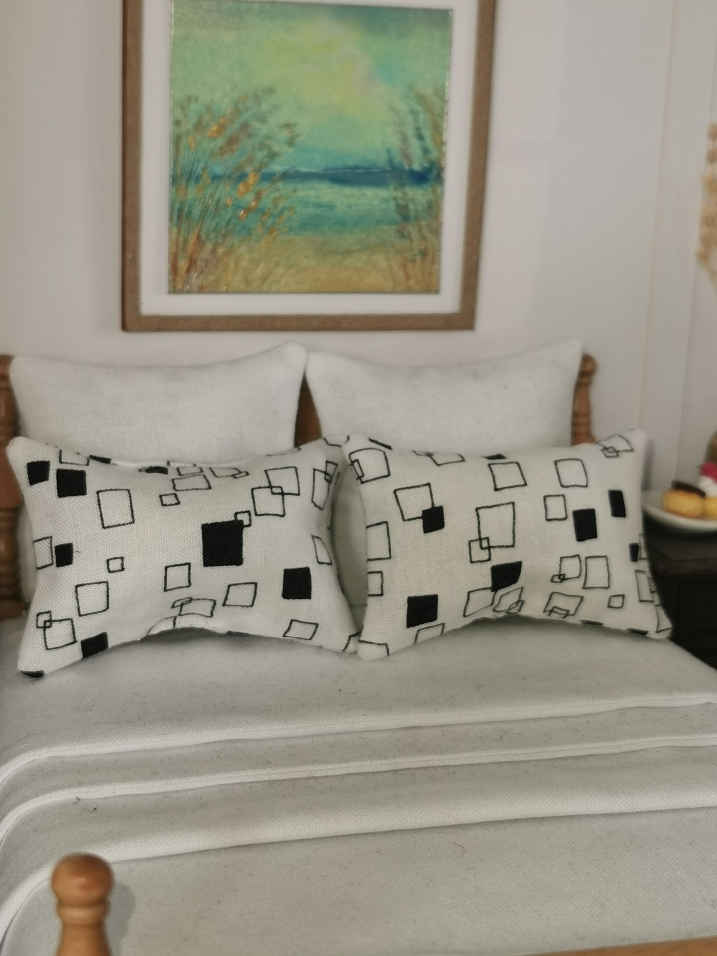 White/Black Cube Print Pillows | Set of 2 | 1:12th Scale | Handmade