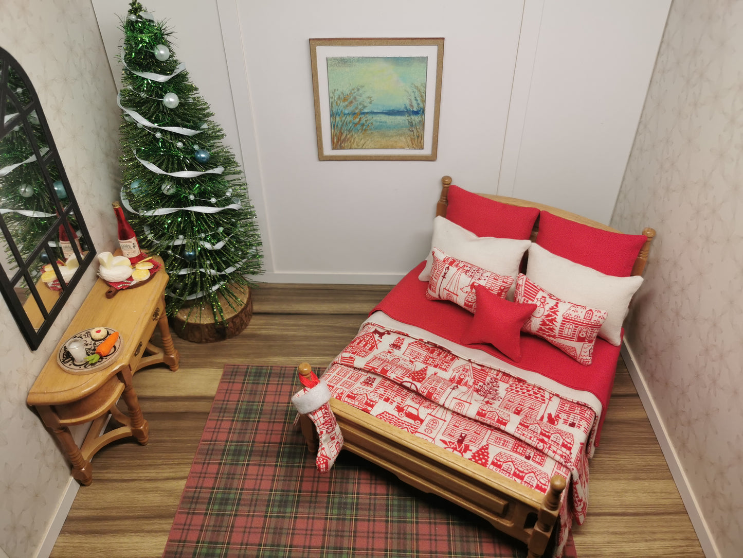Red & Cream House Christmas Double Bed Linen Set | 1:12th Scale | Handmade