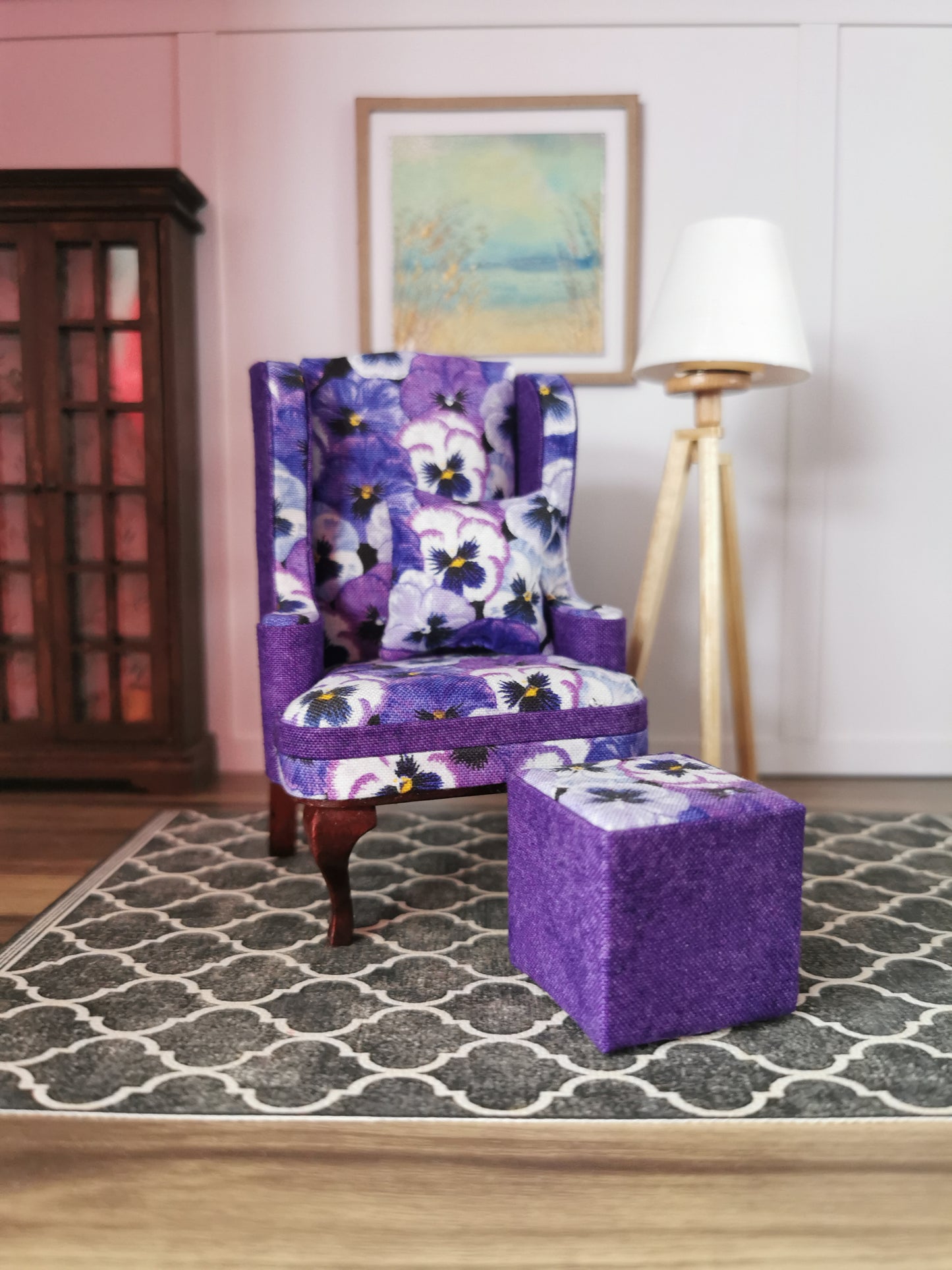 Purple Pansy Wingback Chair & Foot Stool | 1:12th Scale | Hand Finished