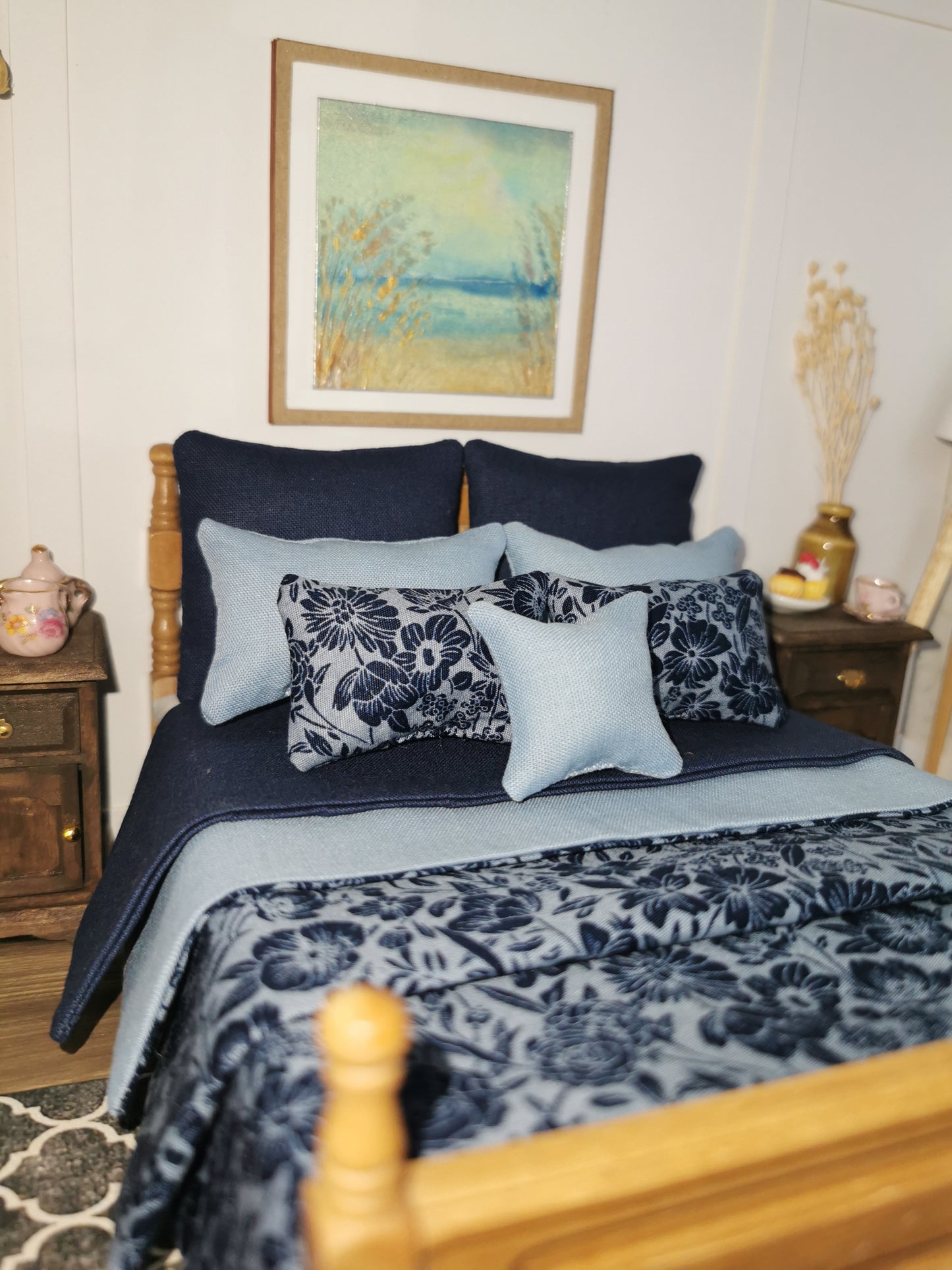 Blue/Navy Floral Print Bed Linen | 1:12th Scale | Set of 9 | Handmade