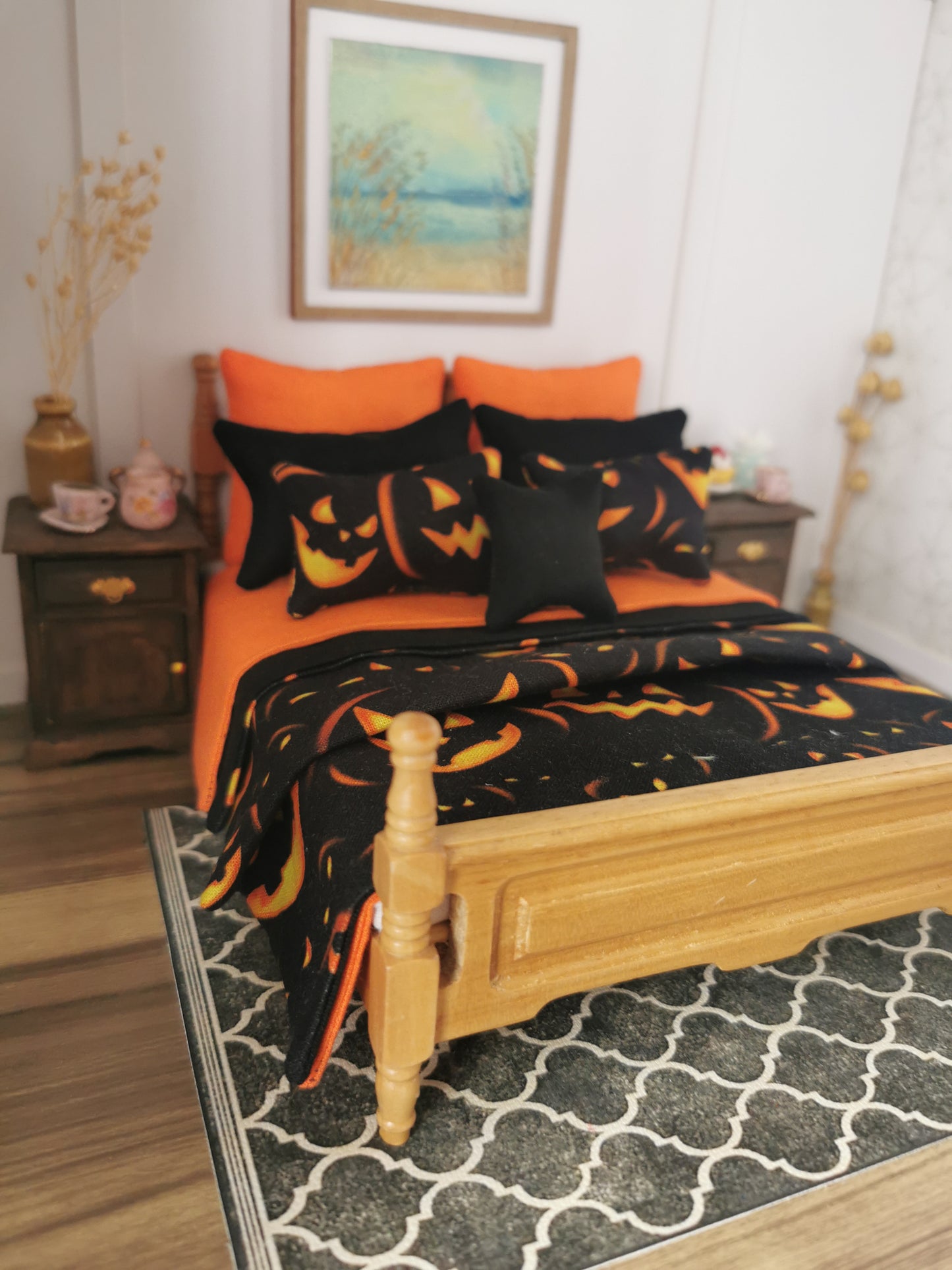 Black/Orange Halloween Print Bed Linen Set | Set of 9 | 1:12th Scale | Handmade