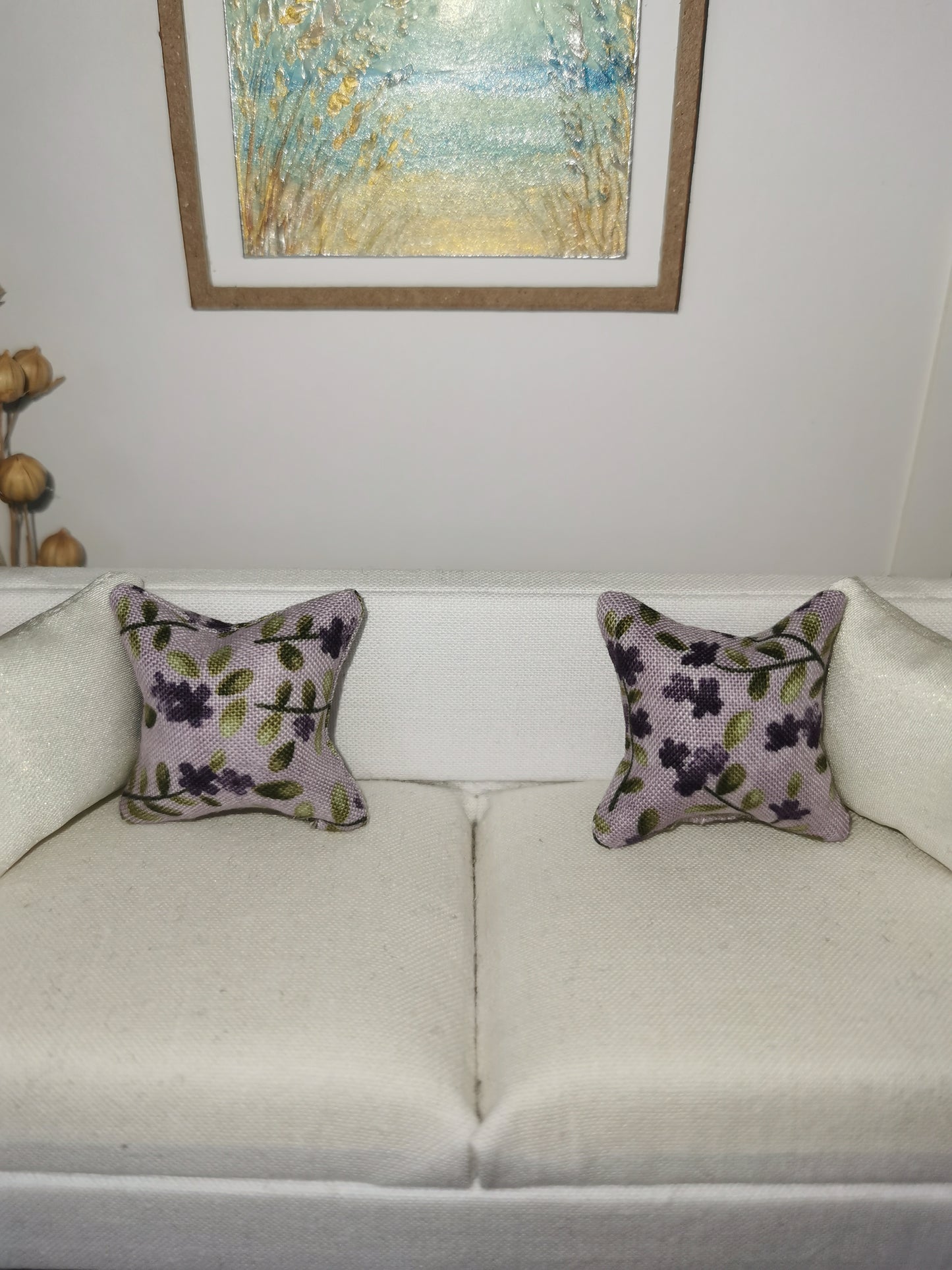 Purple/Green Leaf Print Cushion | 1:12th Scale | Handmade