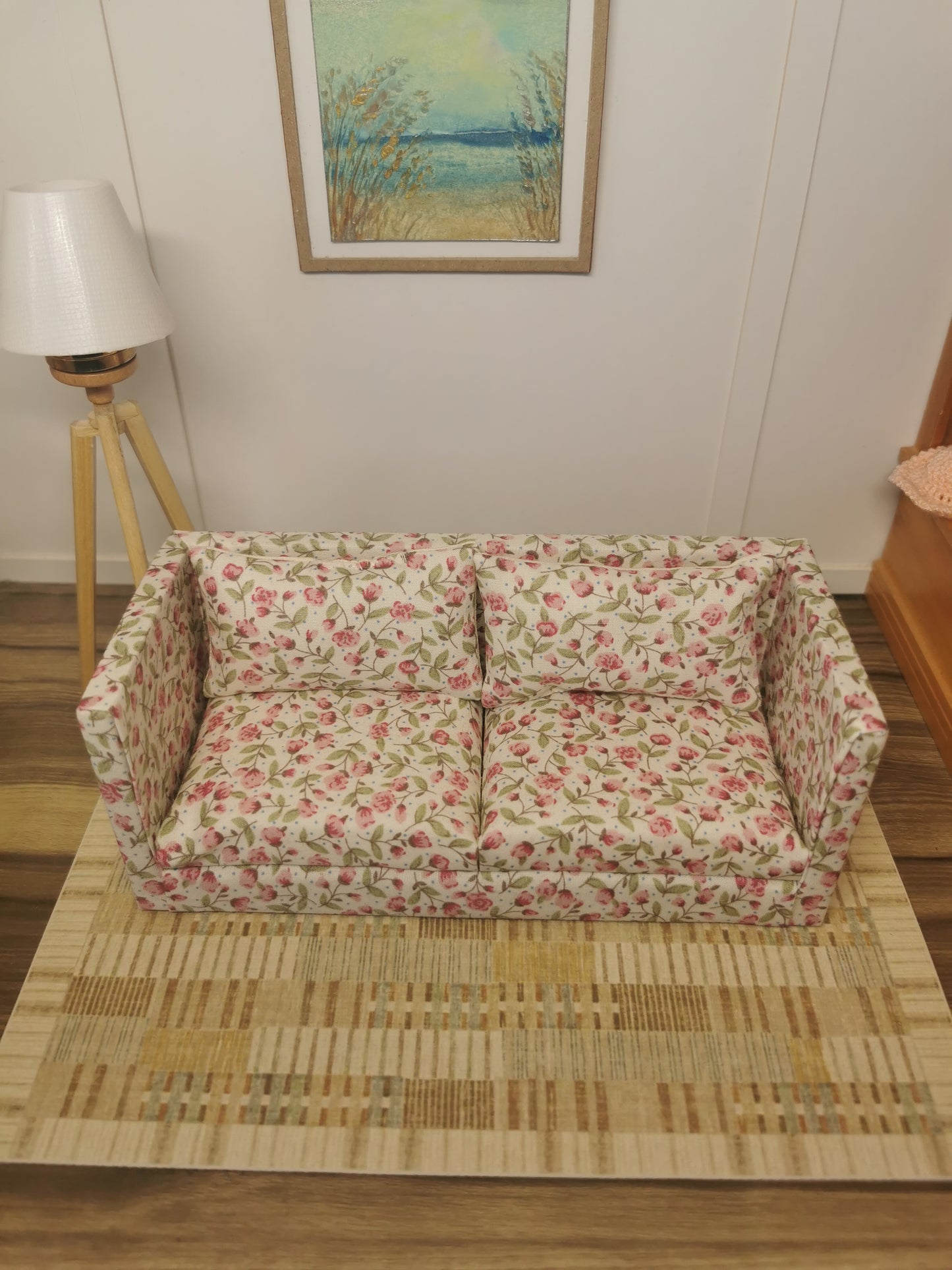 Pink & Cream Floral 2 Seater Sofa | 1:12th Scale | Handmade