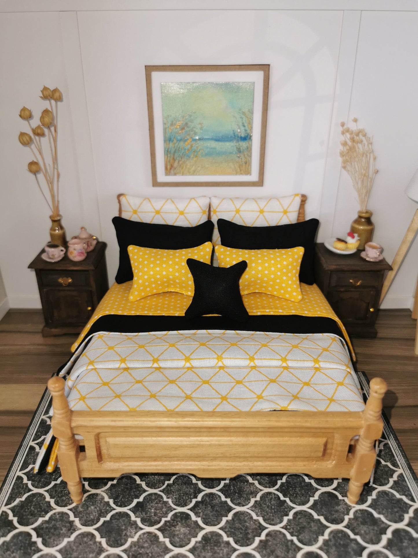 Black/Yellow/White Geo Print Bed Linen | 1:12th Scale | Set of 9 | Handmade