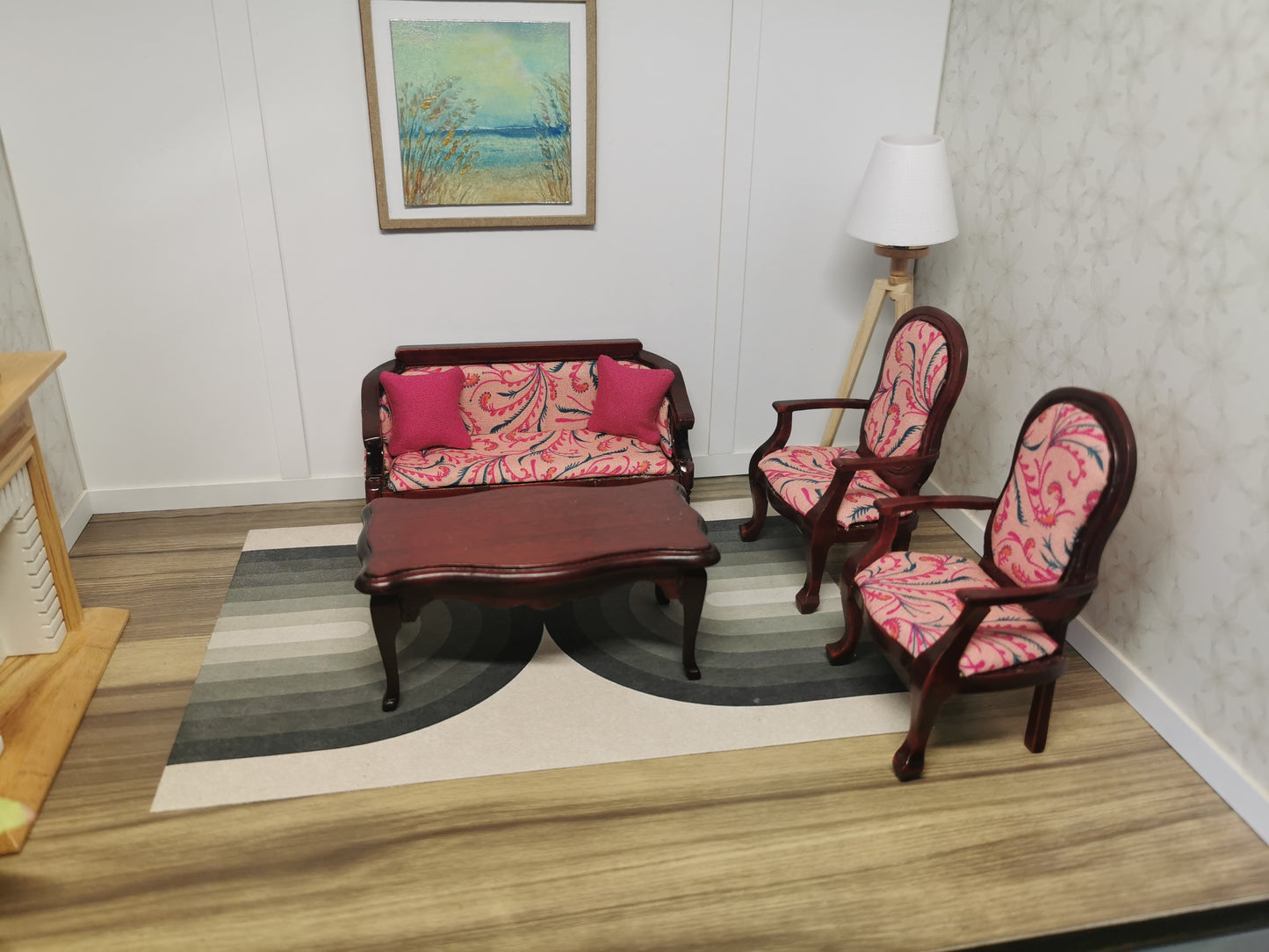 Mahogany Bench & Chairs Set in Pink Floral Print Fabric | 1:12th Scale | Hand Finished