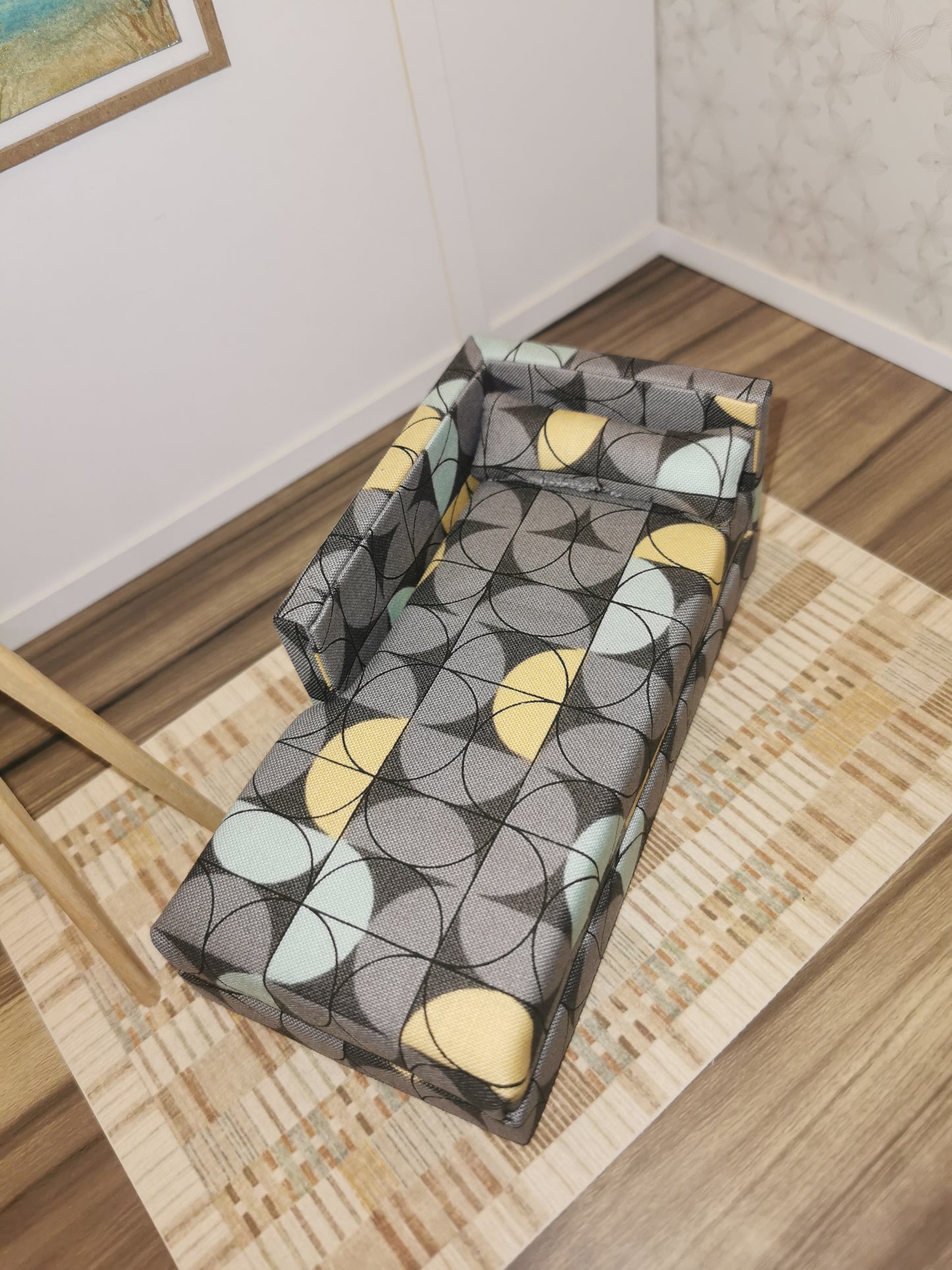 Grey Geo Print Chaise Longue | 1:12th Scale | Handmade