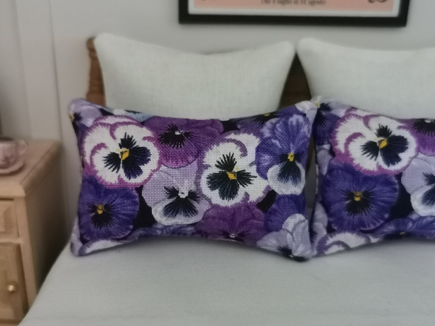 Purple/White Pansy Print Pillows | Set of 2 | 1:12th Scale | Handmade