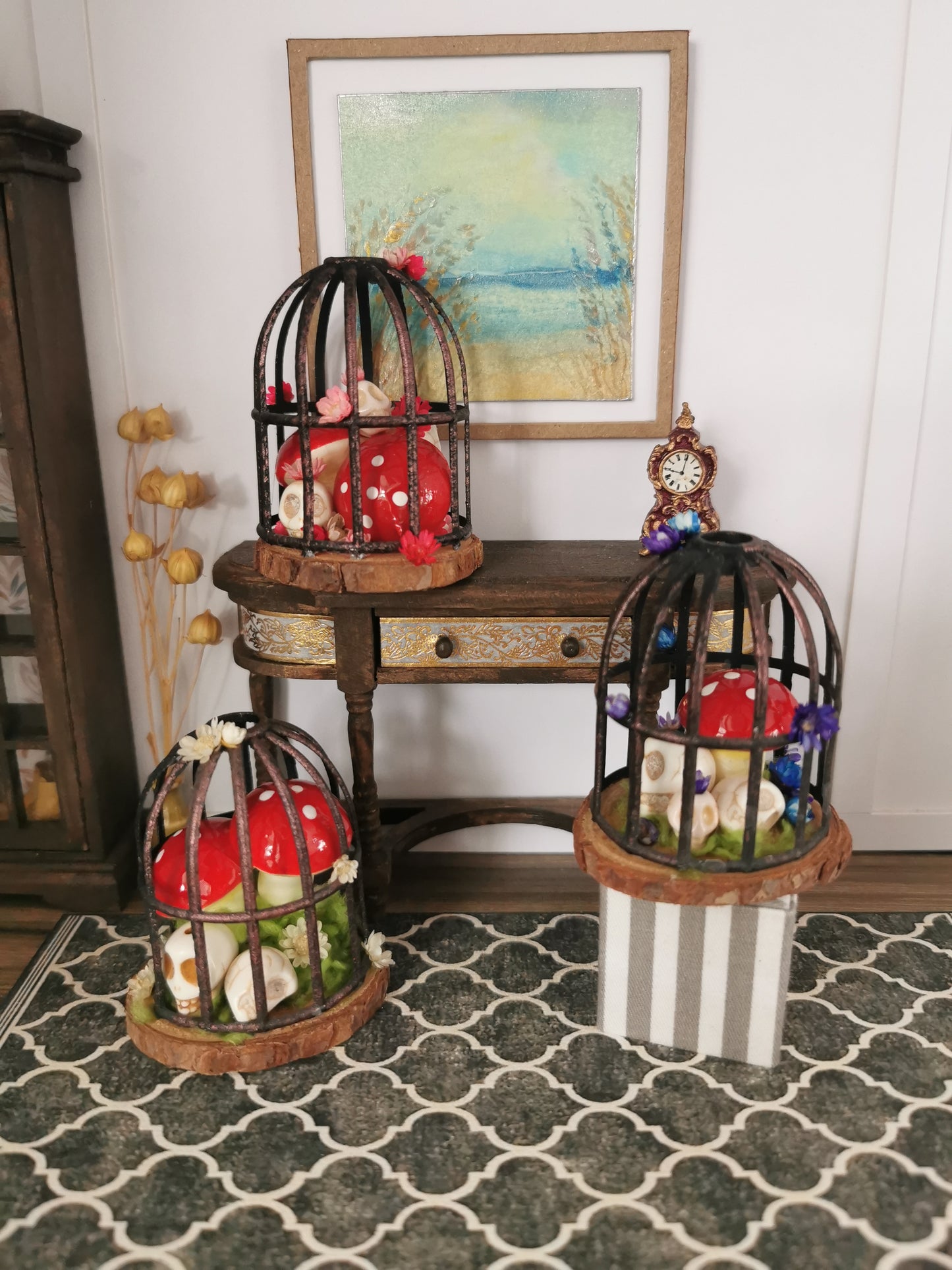 Spooky Birdcage with Mushrooms & Skulls | 1:12th Scale | Handmade & Hand Finished