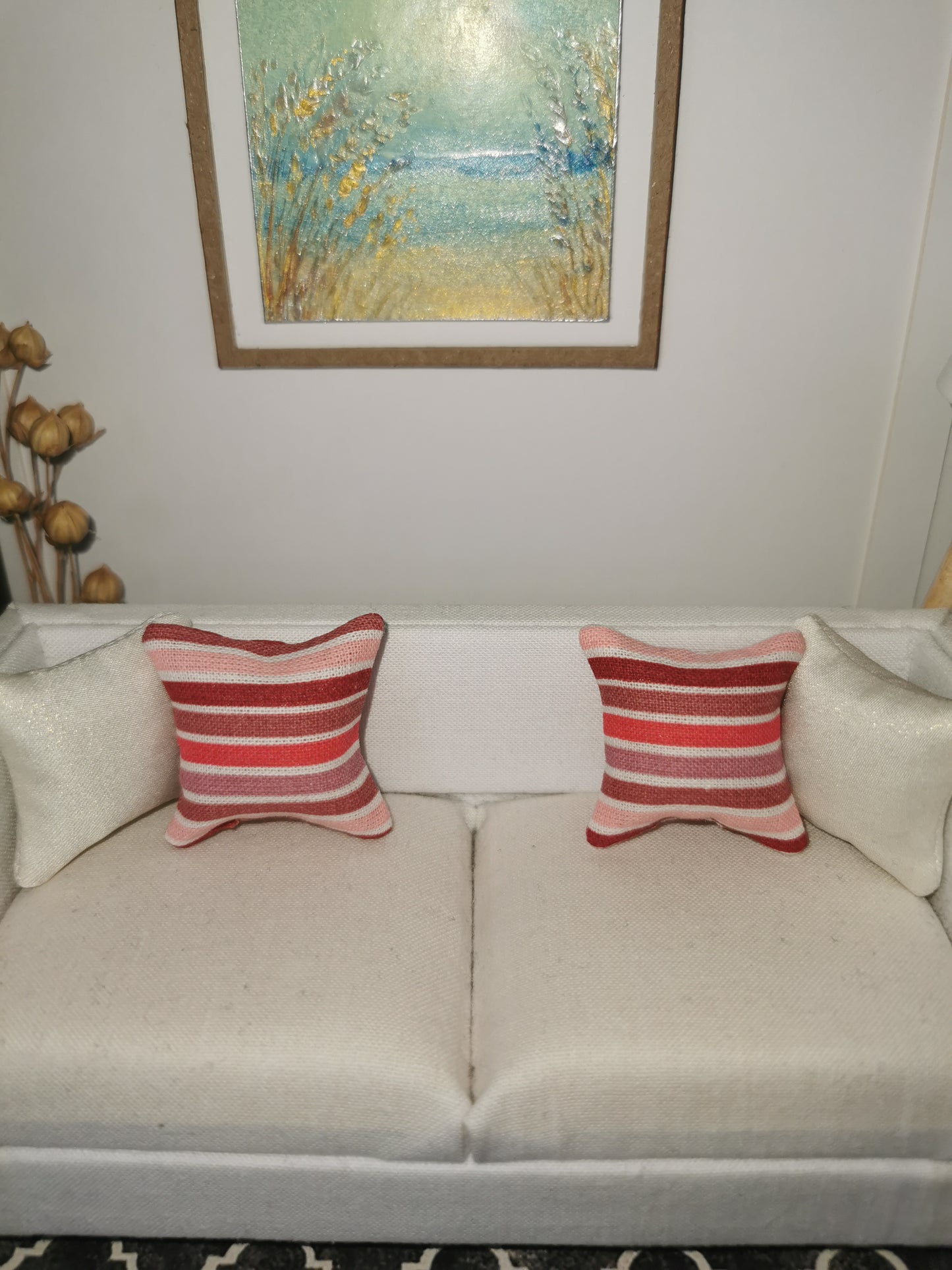 Red/Pink/White Stripe Print Cushion | 1:12th Scale | Handmade