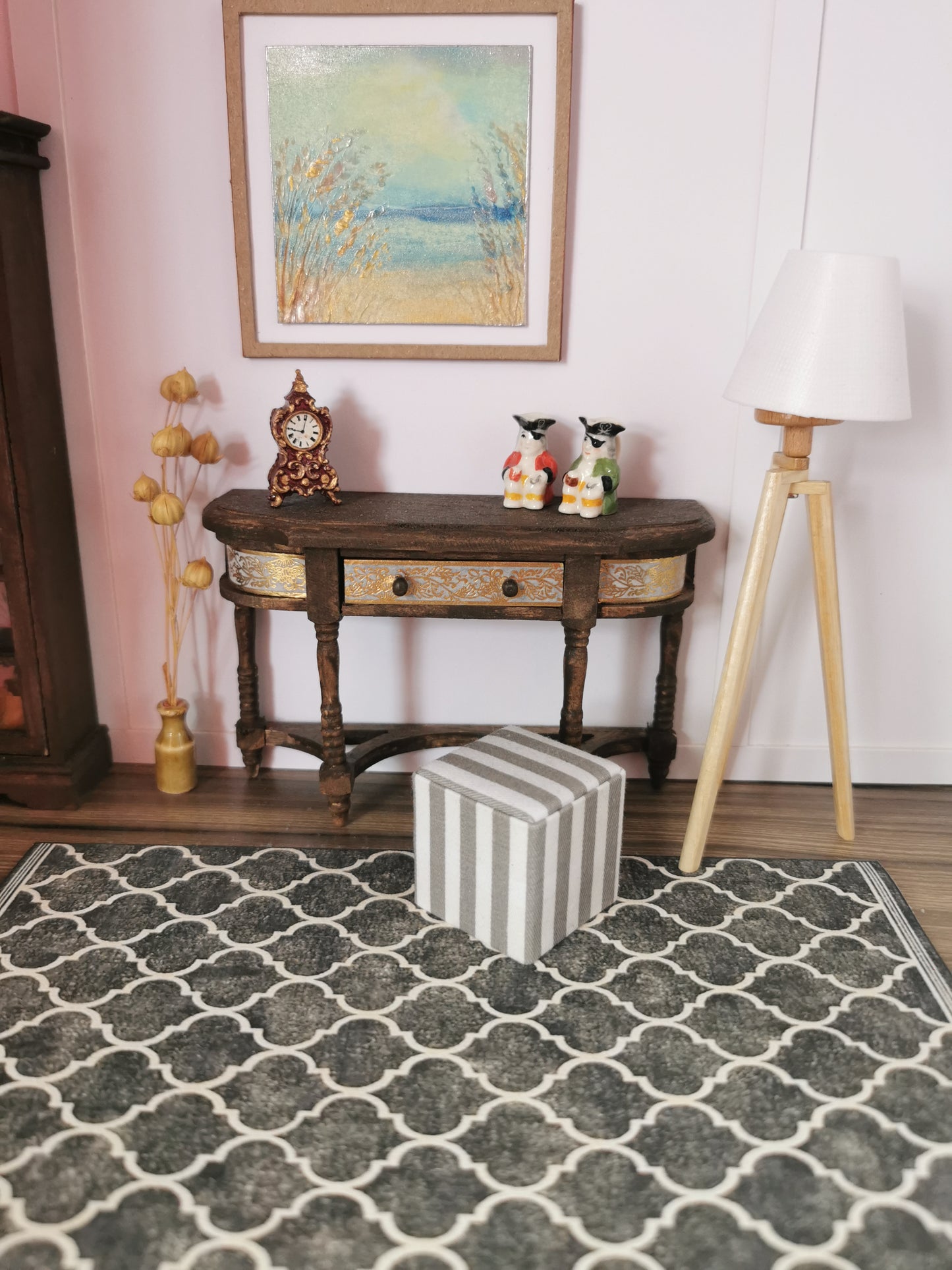 Grey/White Stripe Print Cube Foot Stool | 1:12th Scale | Hand Finished