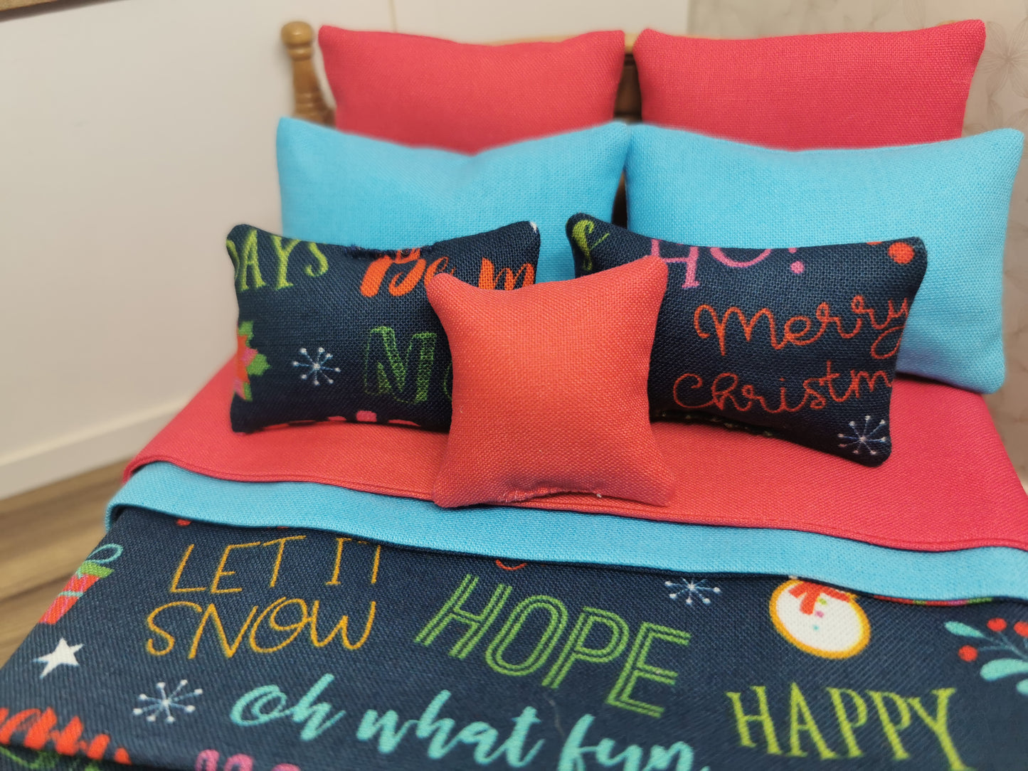 Navy Word Christmas Double Bed Linen Set | 1:12th Scale | Handmade