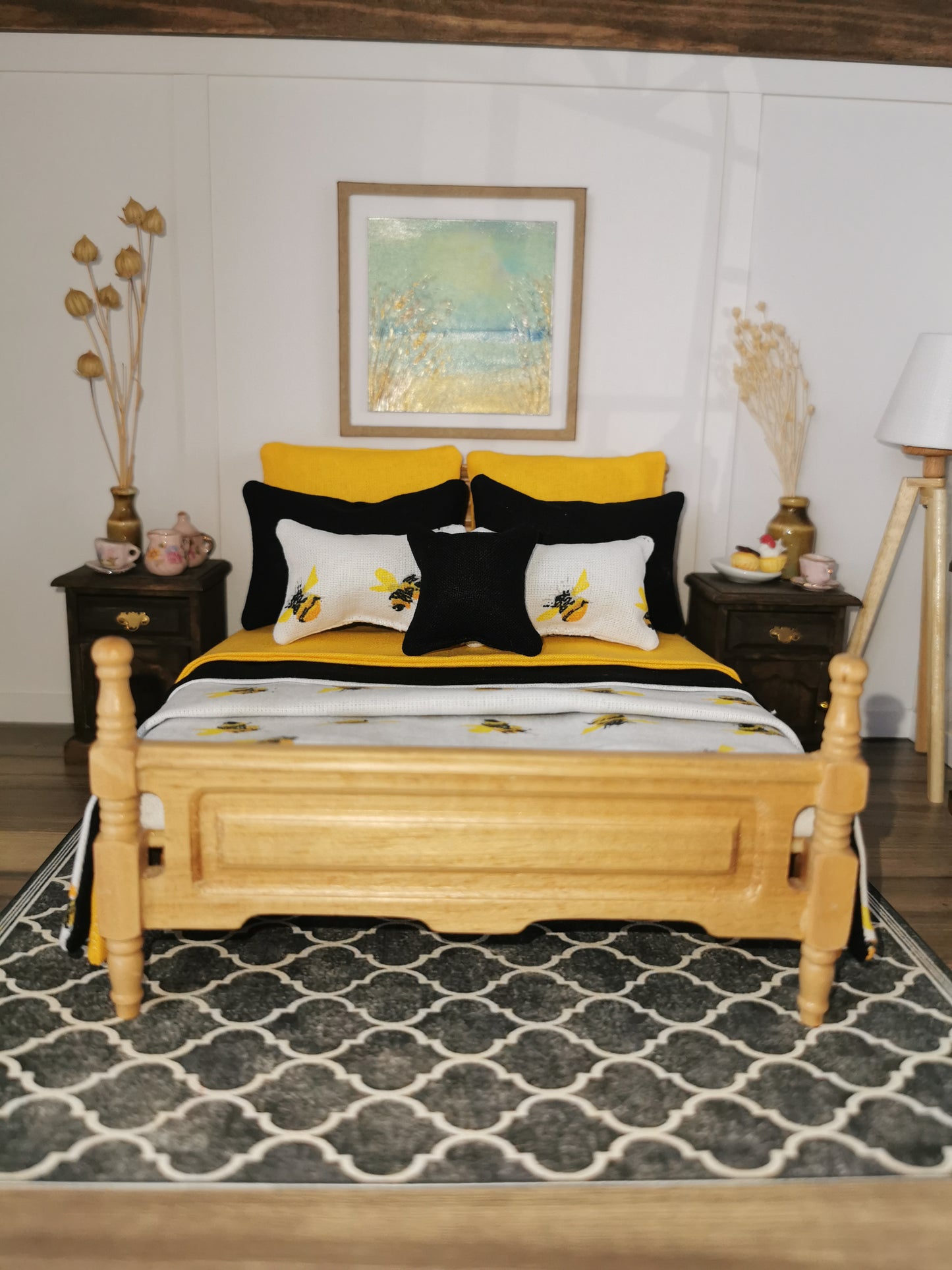 Black/Yellow/White Bee Print Bed Linen | 1:12th Scale | Set of 9 | Handmade