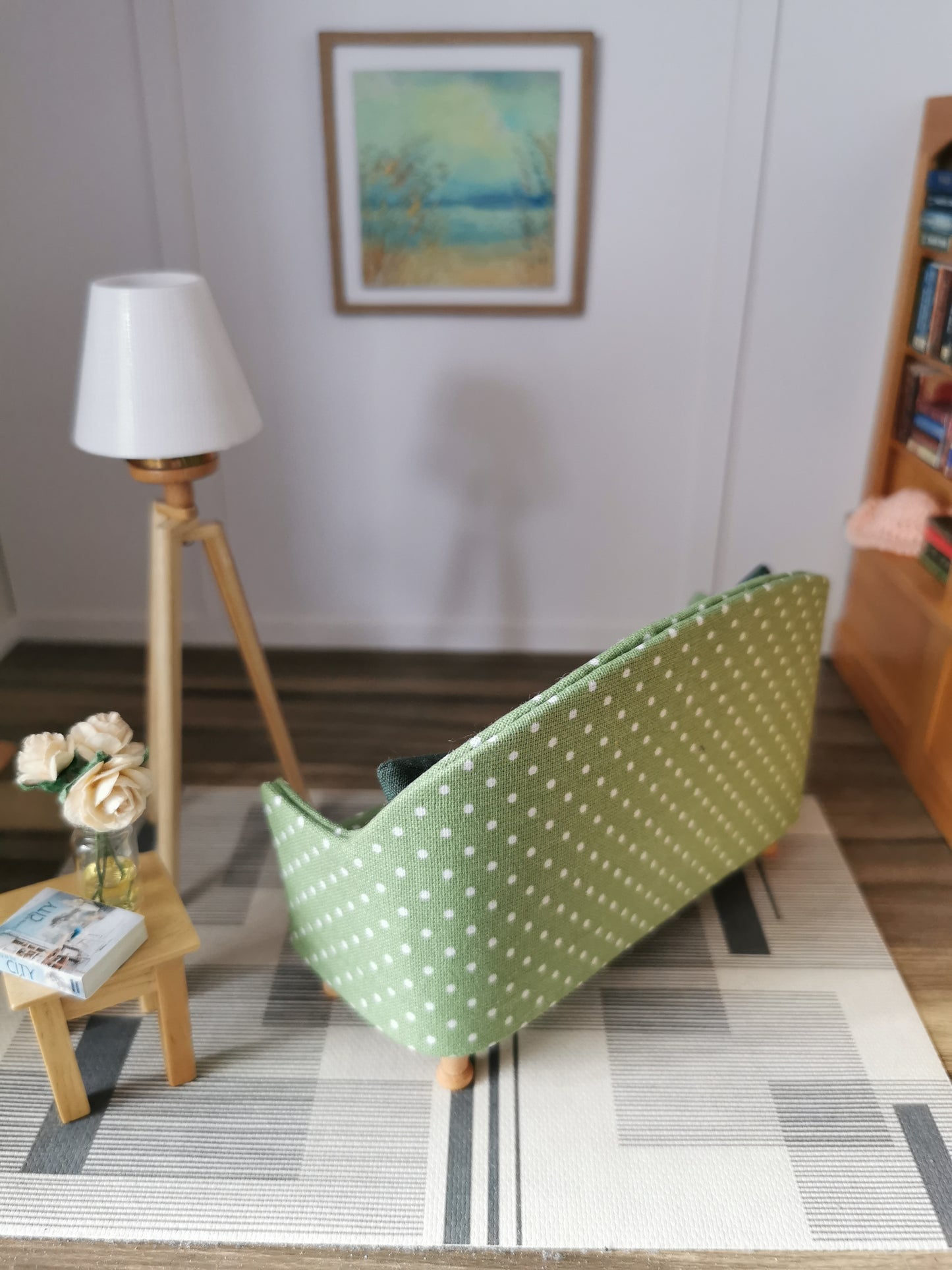 Tub Sofa in Green & White Dotty Print Fabric | 1:12th Scale | Handmade