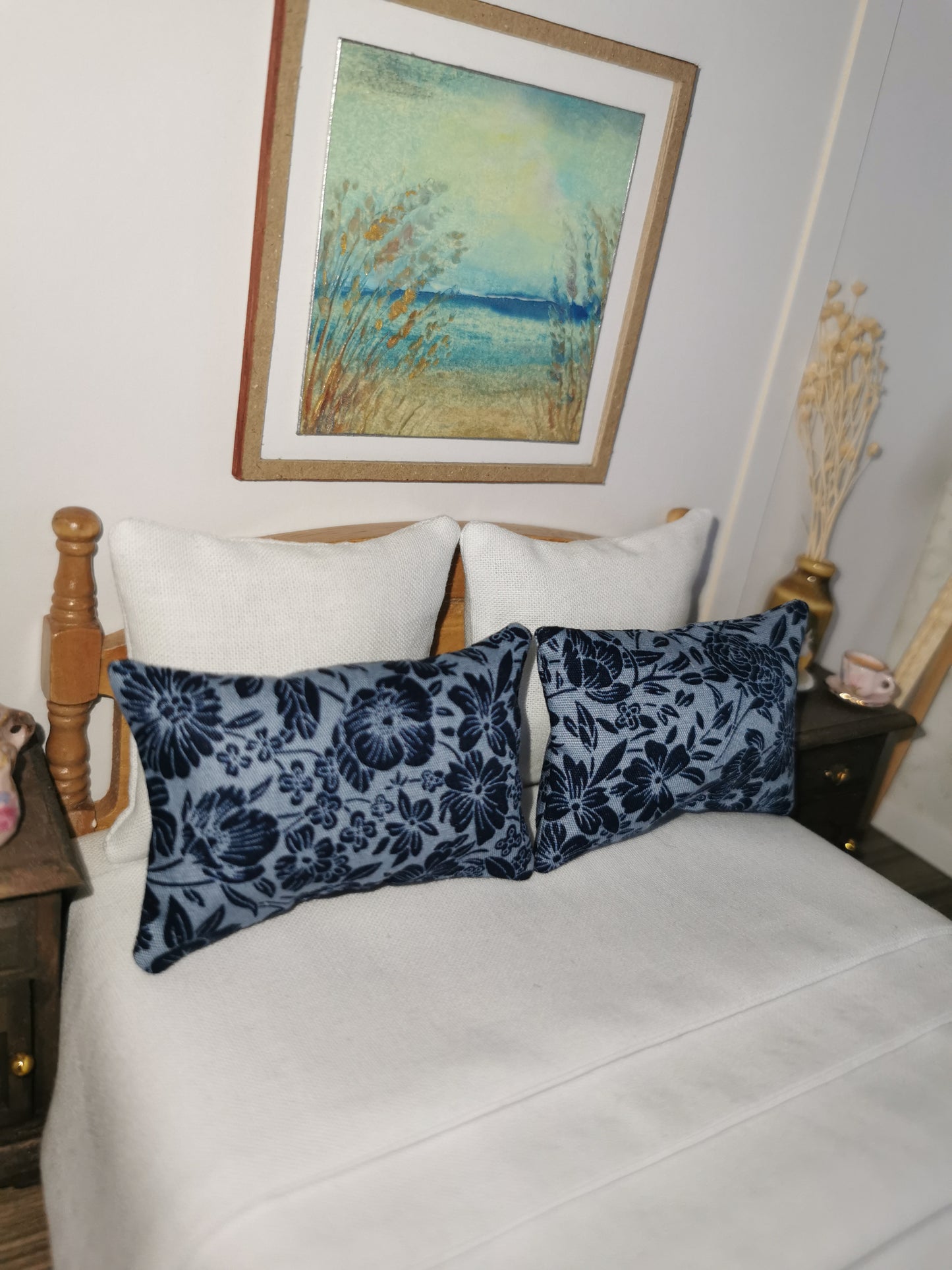 Blue/Navy Floral Print Pillows | Set of 2 | 1:12th Scale | Handmade