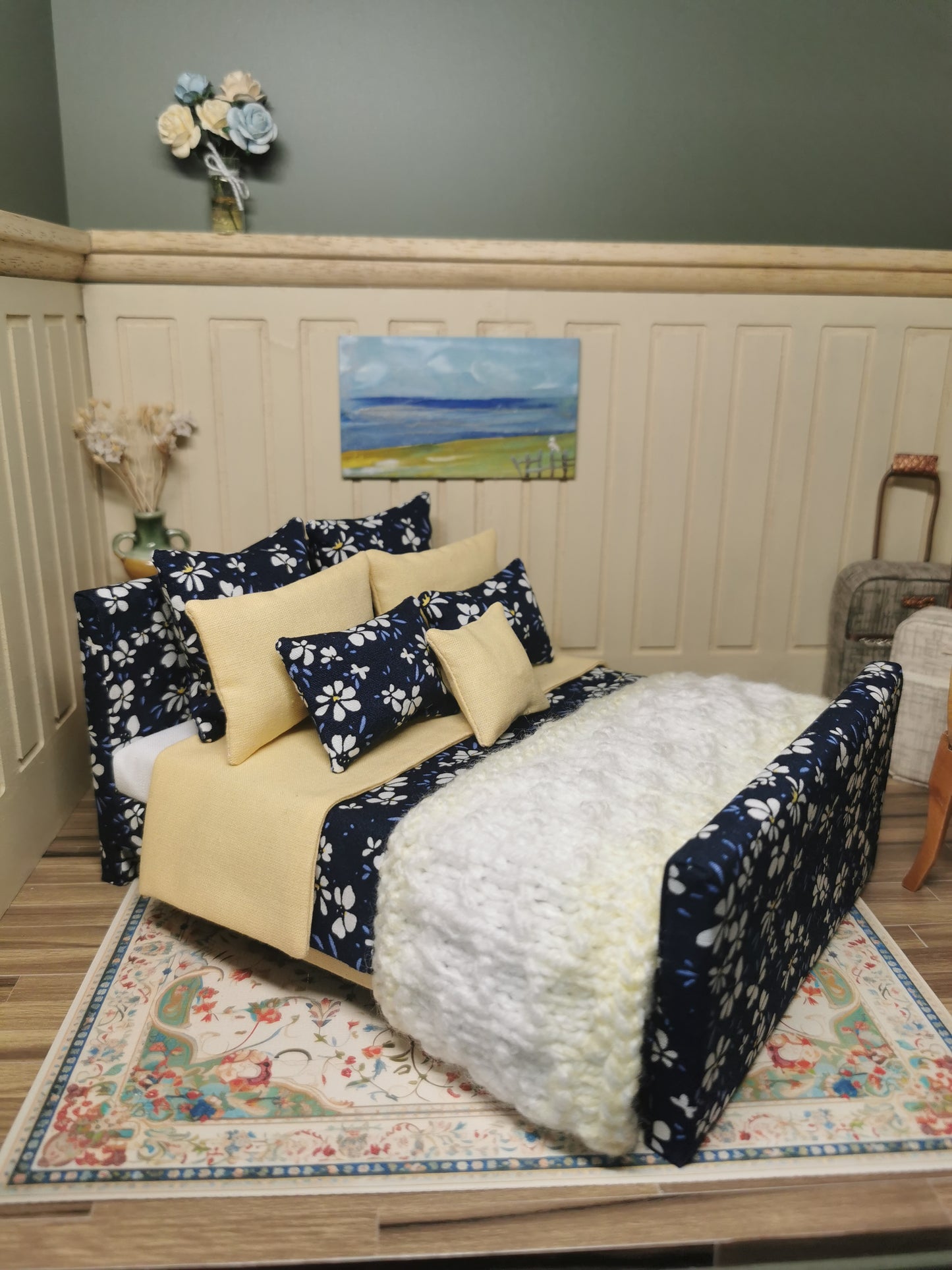 Double Bed in Navy & Lemon Floral Print | 1:12th Scale | Handmade