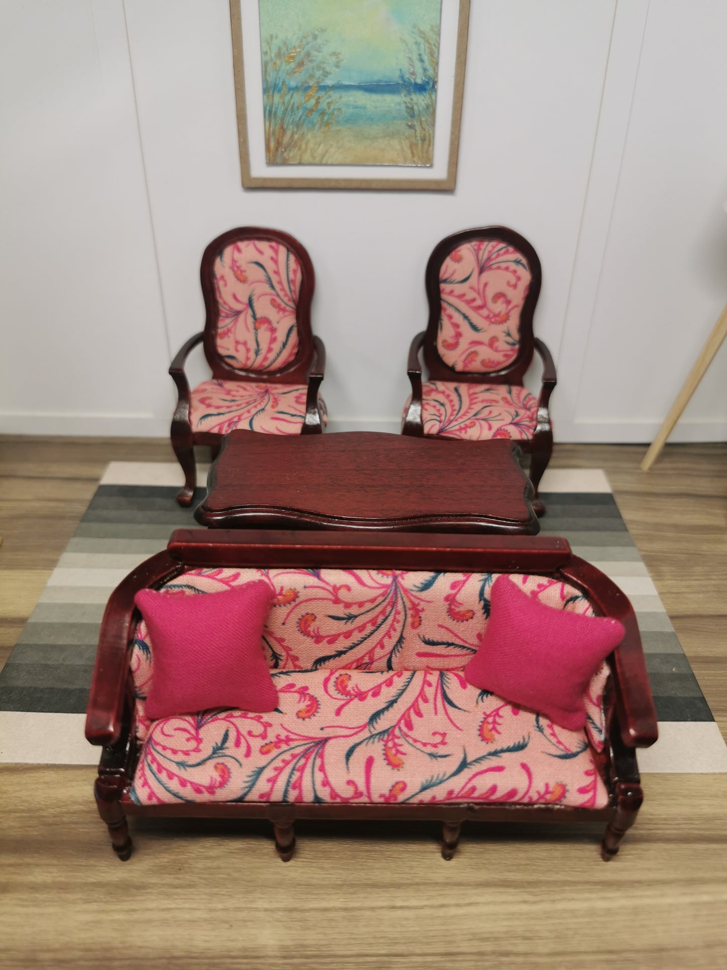 Mahogany Bench & Chairs Set in Pink Floral Print Fabric | 1:12th Scale | Hand Finished