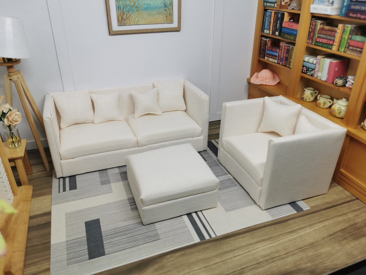 2 Seater Sofa, Chair & Ottoman Set | 1:12th Scale | Made To Order | Cushions/Pillows included | Handmade