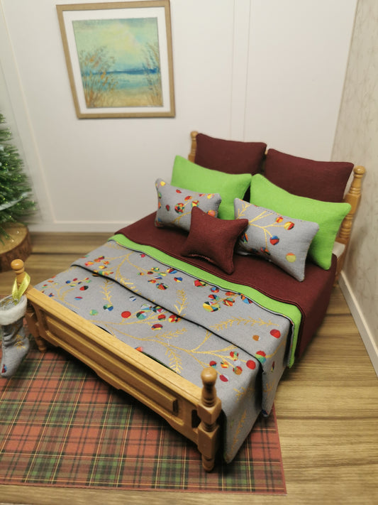 Grey Bauble Christmas Double Bed Linen Set | 1:12th Scale | Handmade