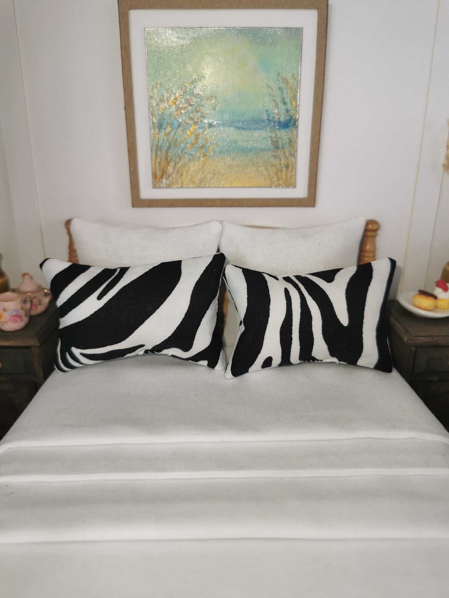 White/Black Zebra Print Pillows | Set of 2 | 1:12th Scale | Handmade