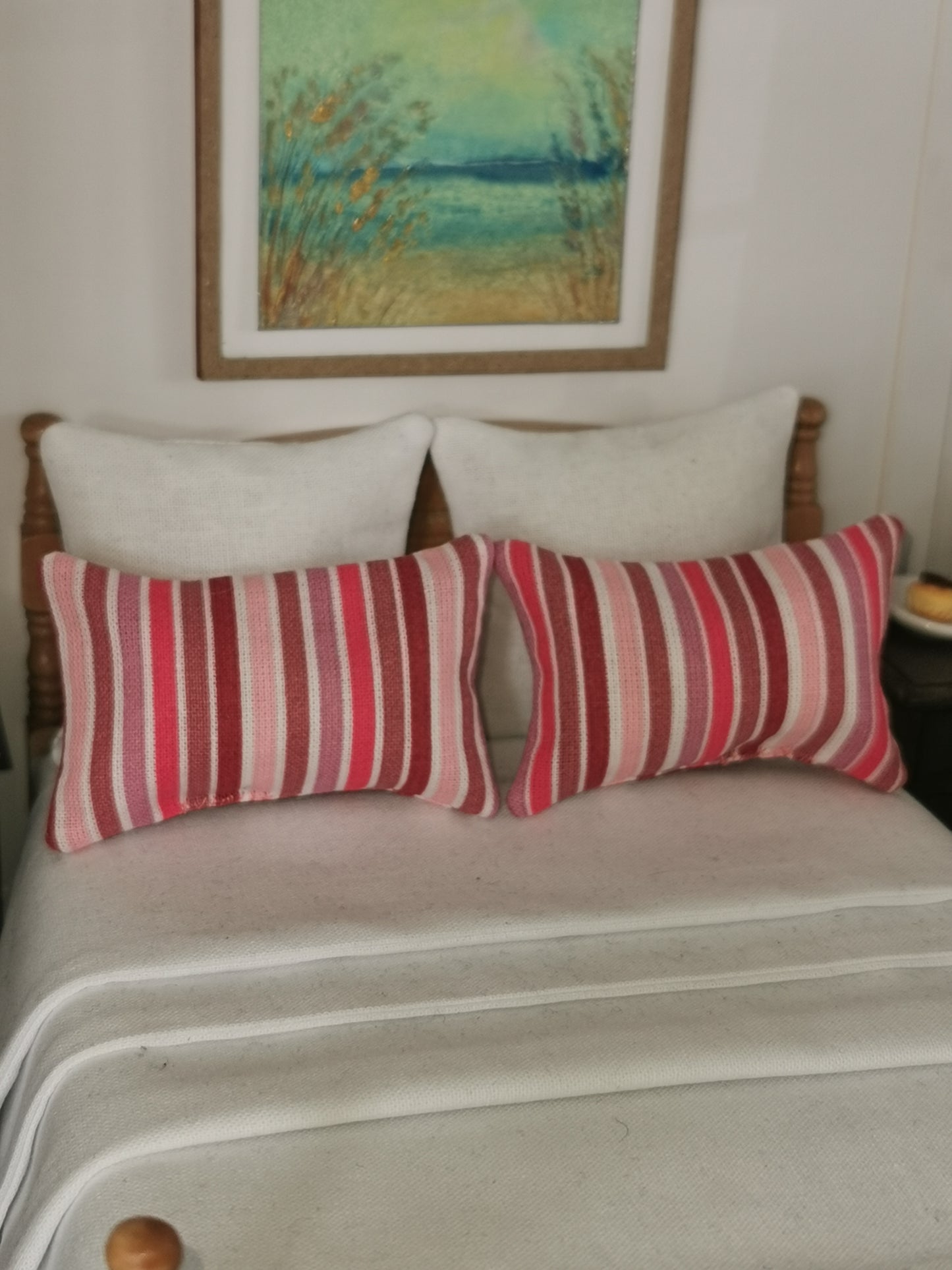 Red/Pink/White Stripe Print Pillows | Set of 2 | 1:12th Scale | Handmade