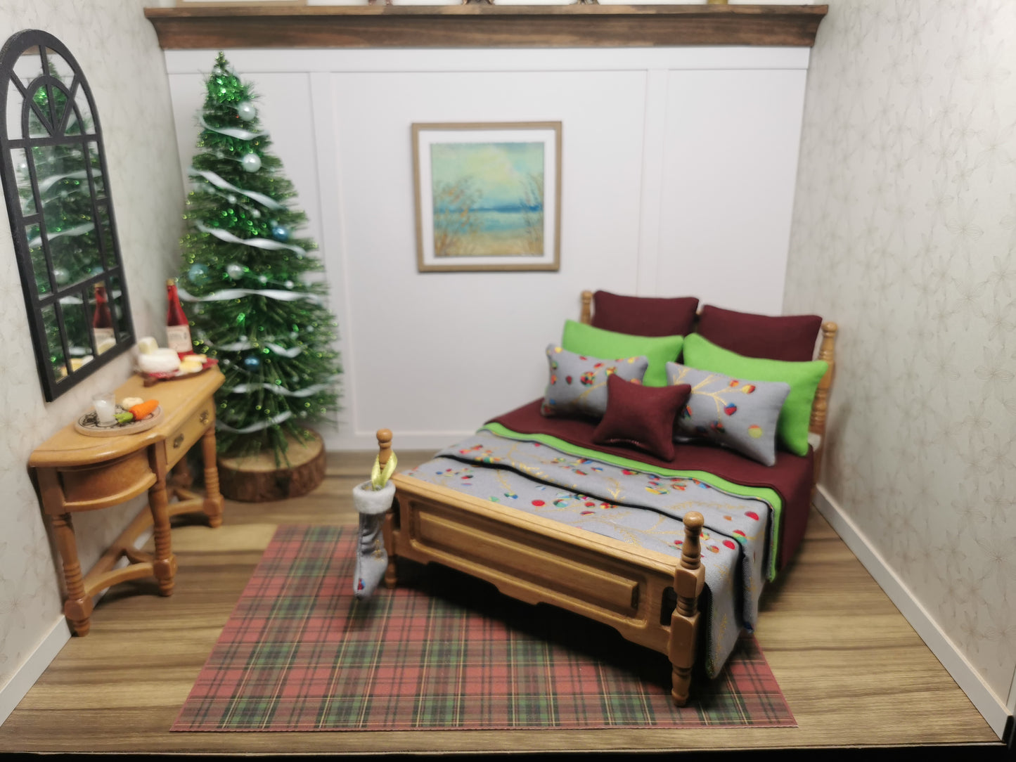 Grey Bauble Christmas Double Bed Linen Set | 1:12th Scale | Handmade