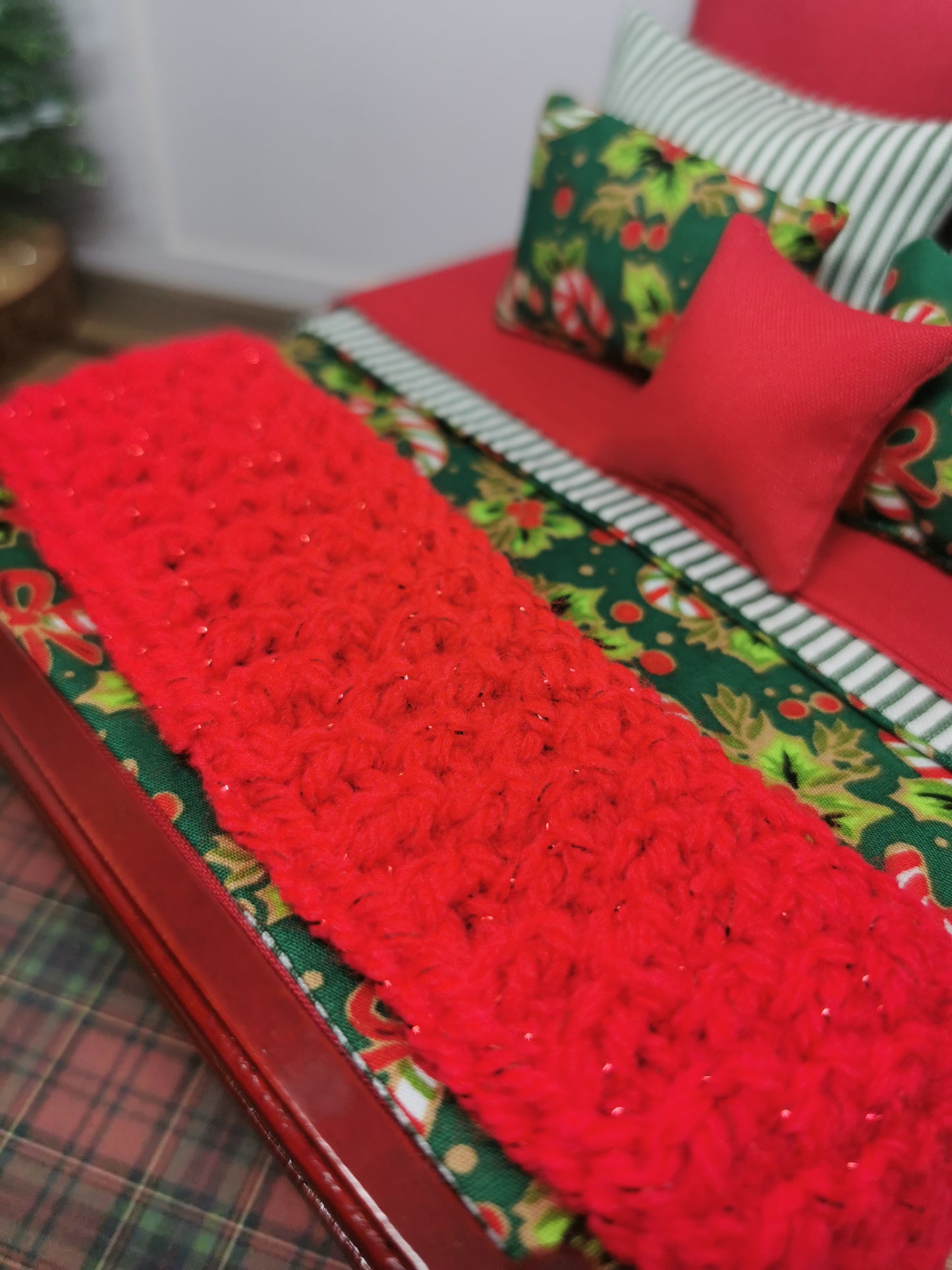 Green Candy Cane Christmas Dressed Bed | 1:12th Scale | Handmade
