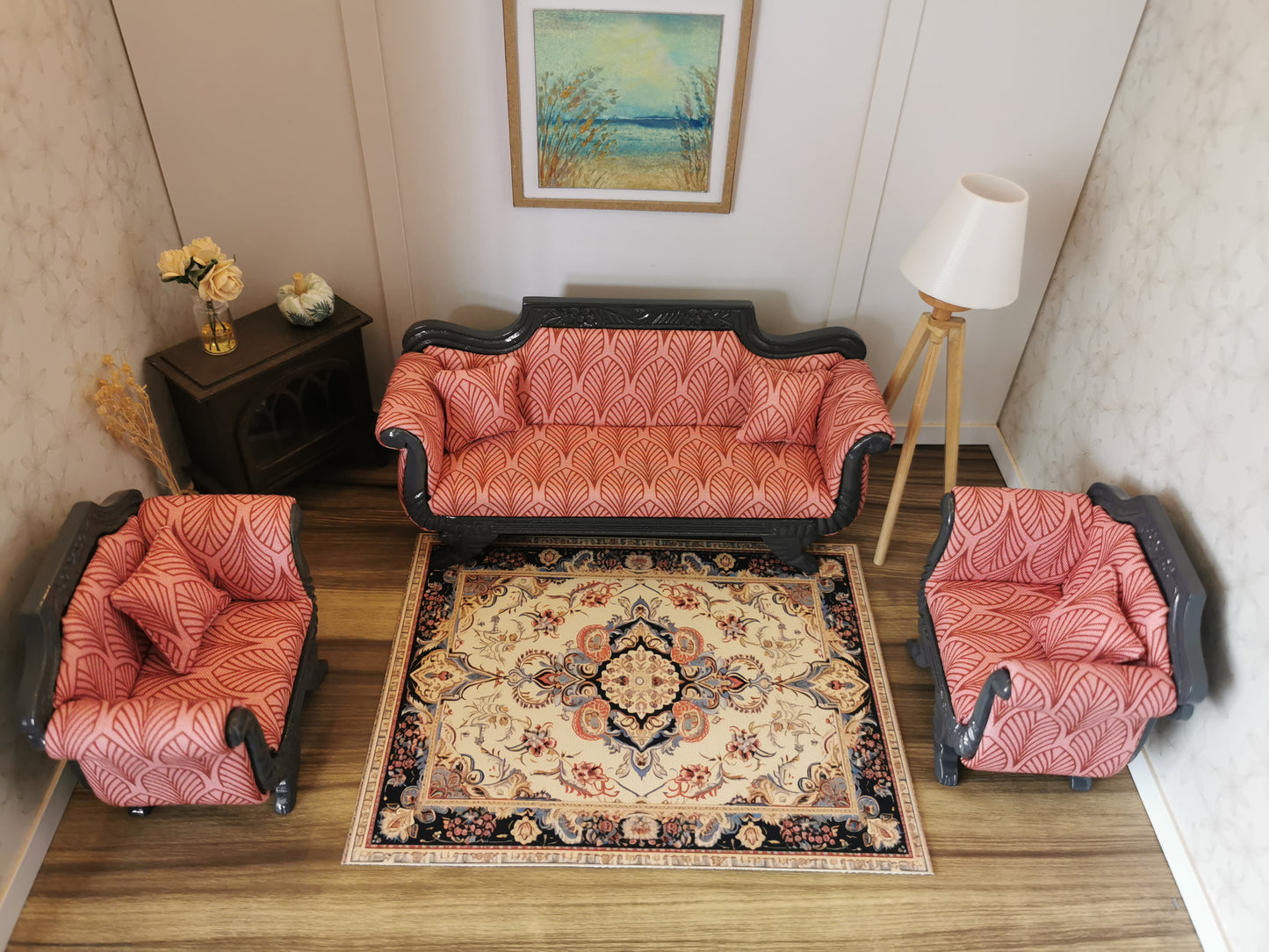 Art Deco Sofa & Chair Set in Grey & Pink | 1:12th Scale