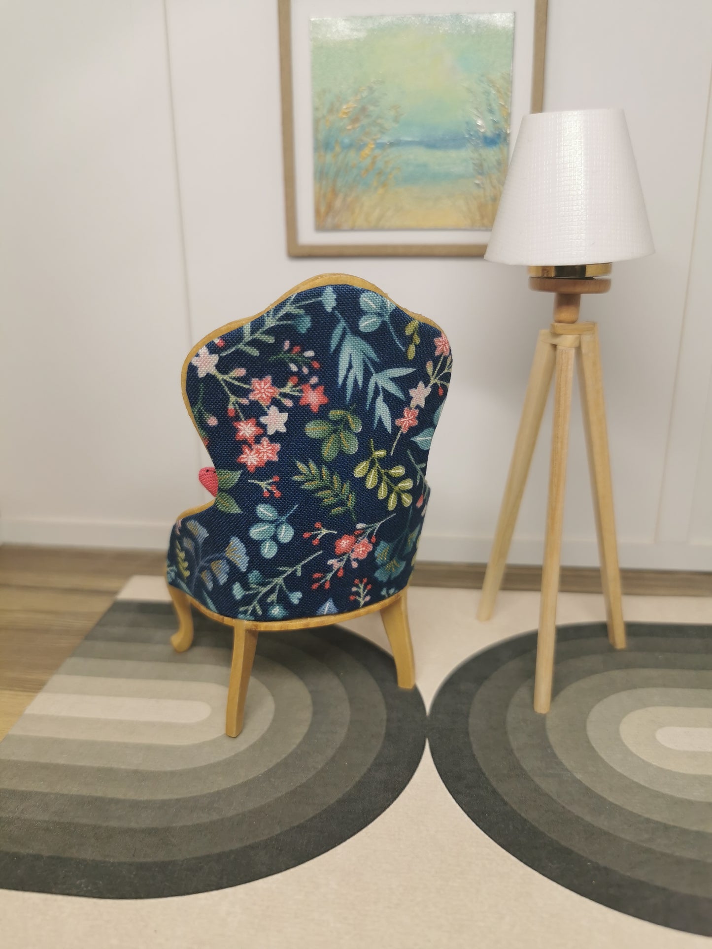 Chair in Light Wood & Navy Floral Print Fabric | 1:12th Scale | Hand Finished