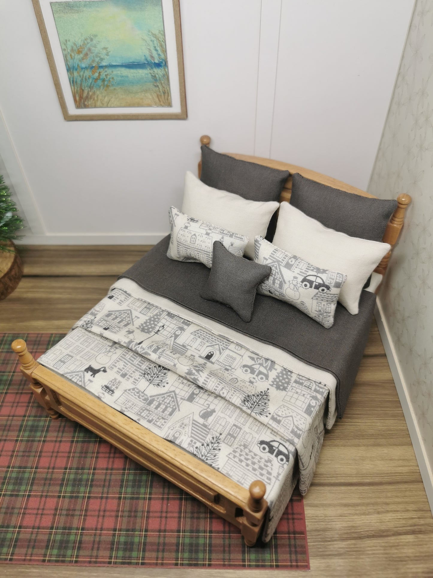 Grey & Cream House Christmas Double Bed Linen Set | 1:12th Scale | Handmade