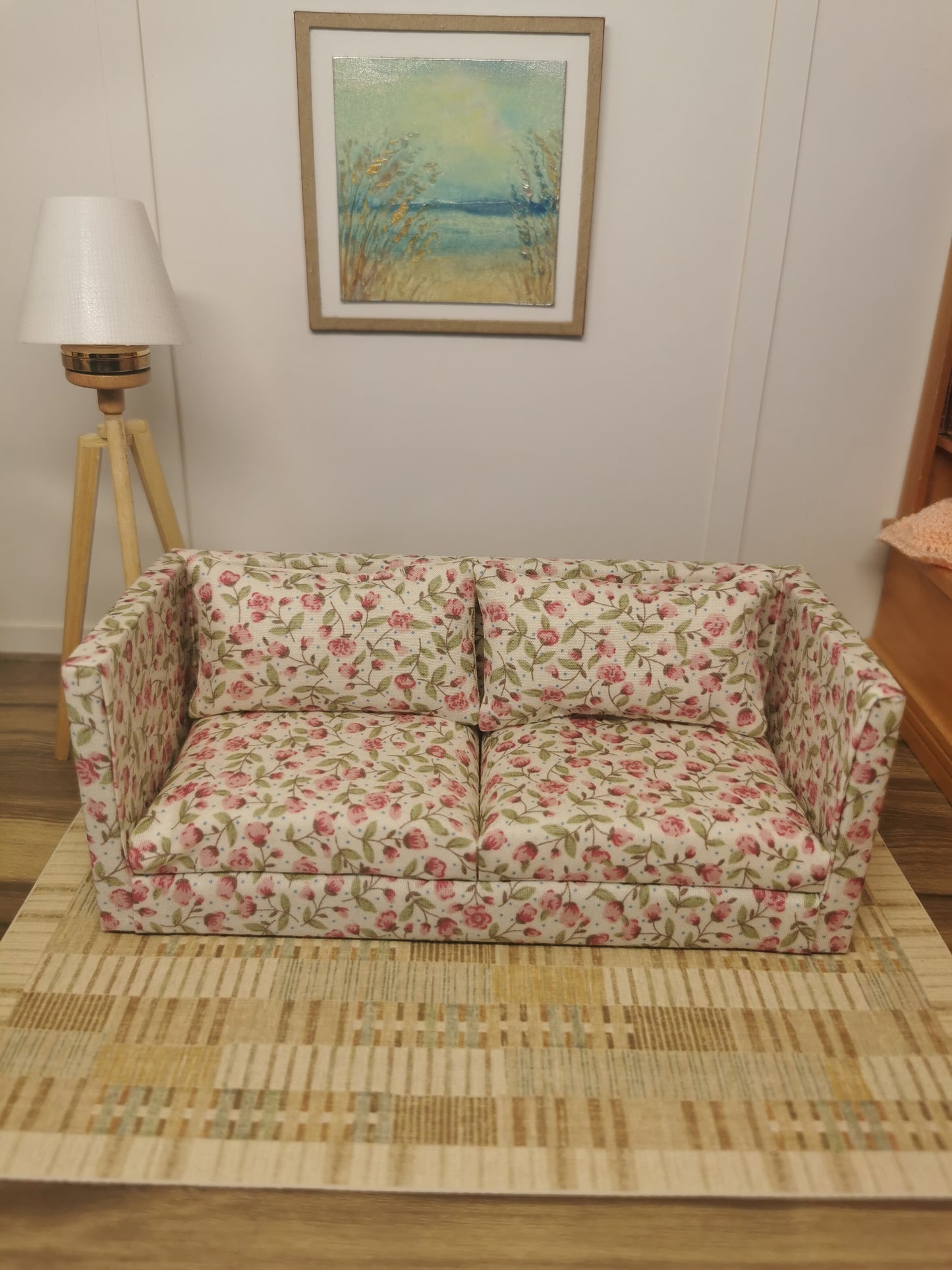 Pink & Cream Floral 2 Seater Sofa | 1:12th Scale | Handmade