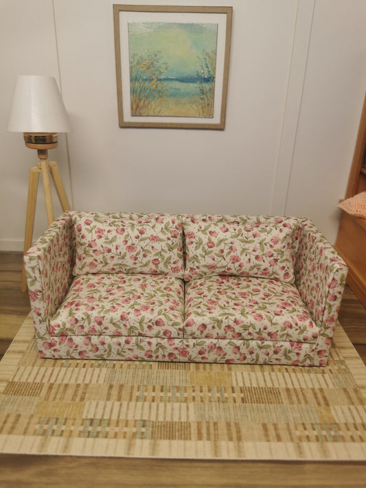 Pink & Cream Floral 2 Seater Sofa | 1:12th Scale | Handmade