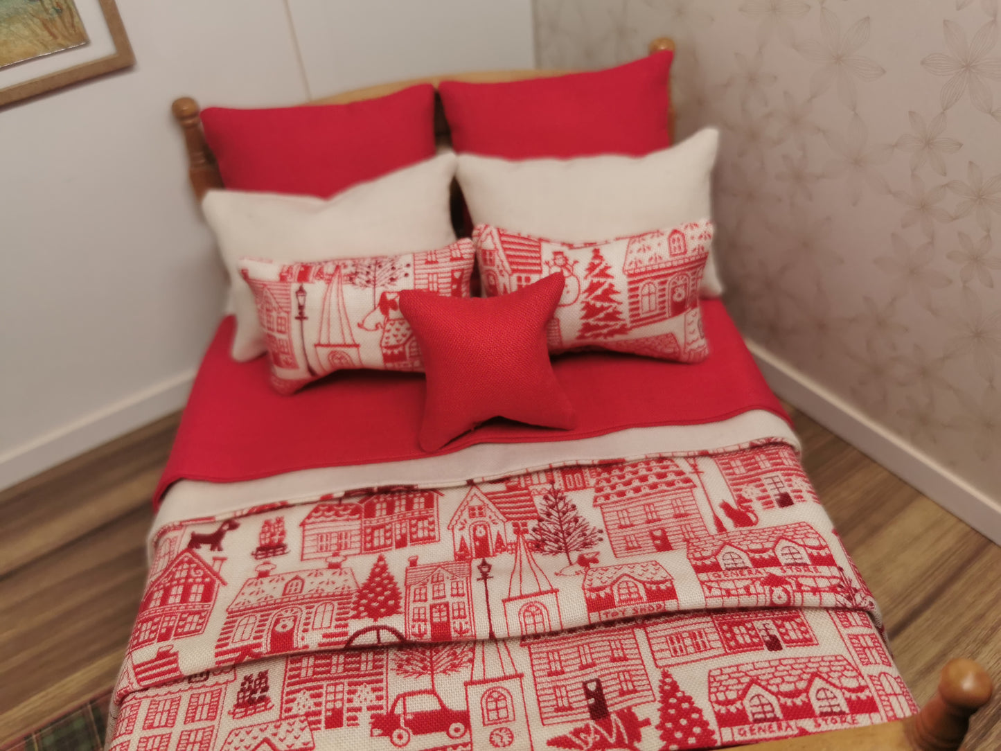 Red & Cream House Christmas Double Bed Linen Set | 1:12th Scale | Handmade