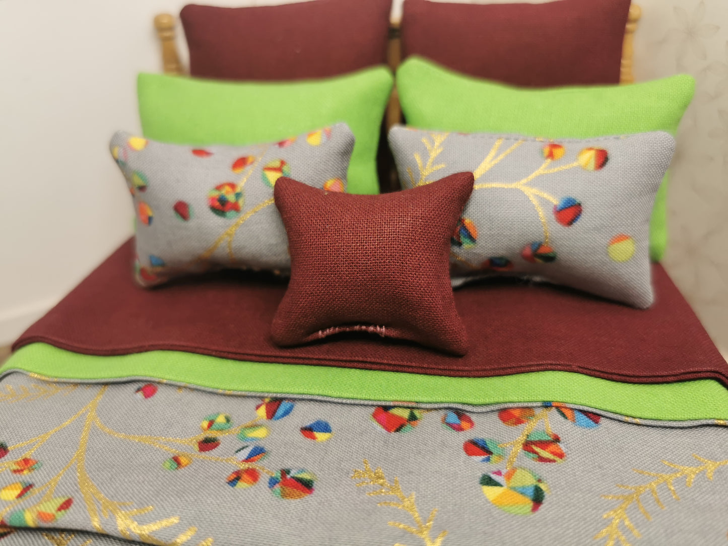 Grey Bauble Christmas Double Bed Linen Set | 1:12th Scale | Handmade