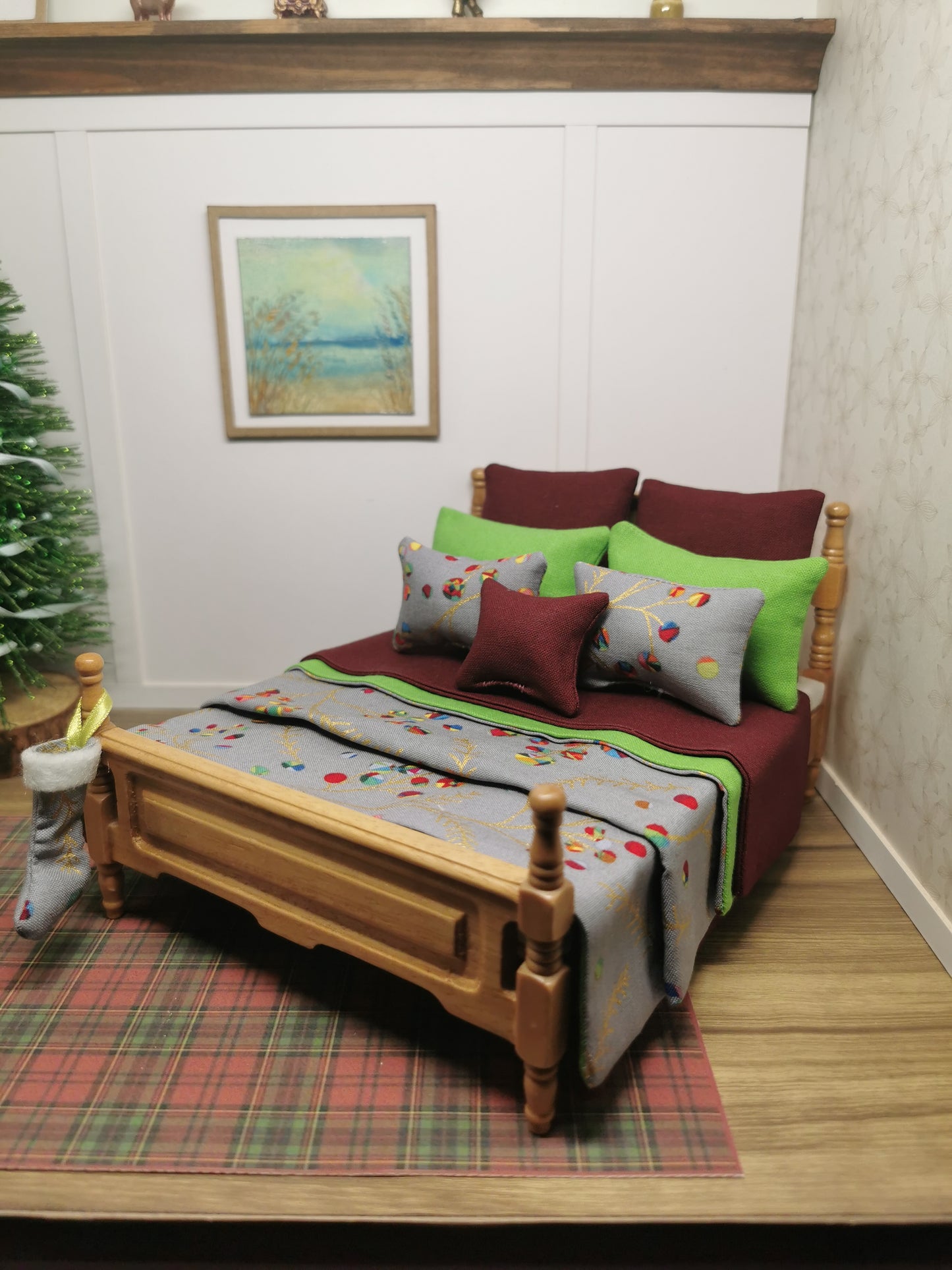 Grey Bauble Christmas Double Bed Linen Set | 1:12th Scale | Handmade