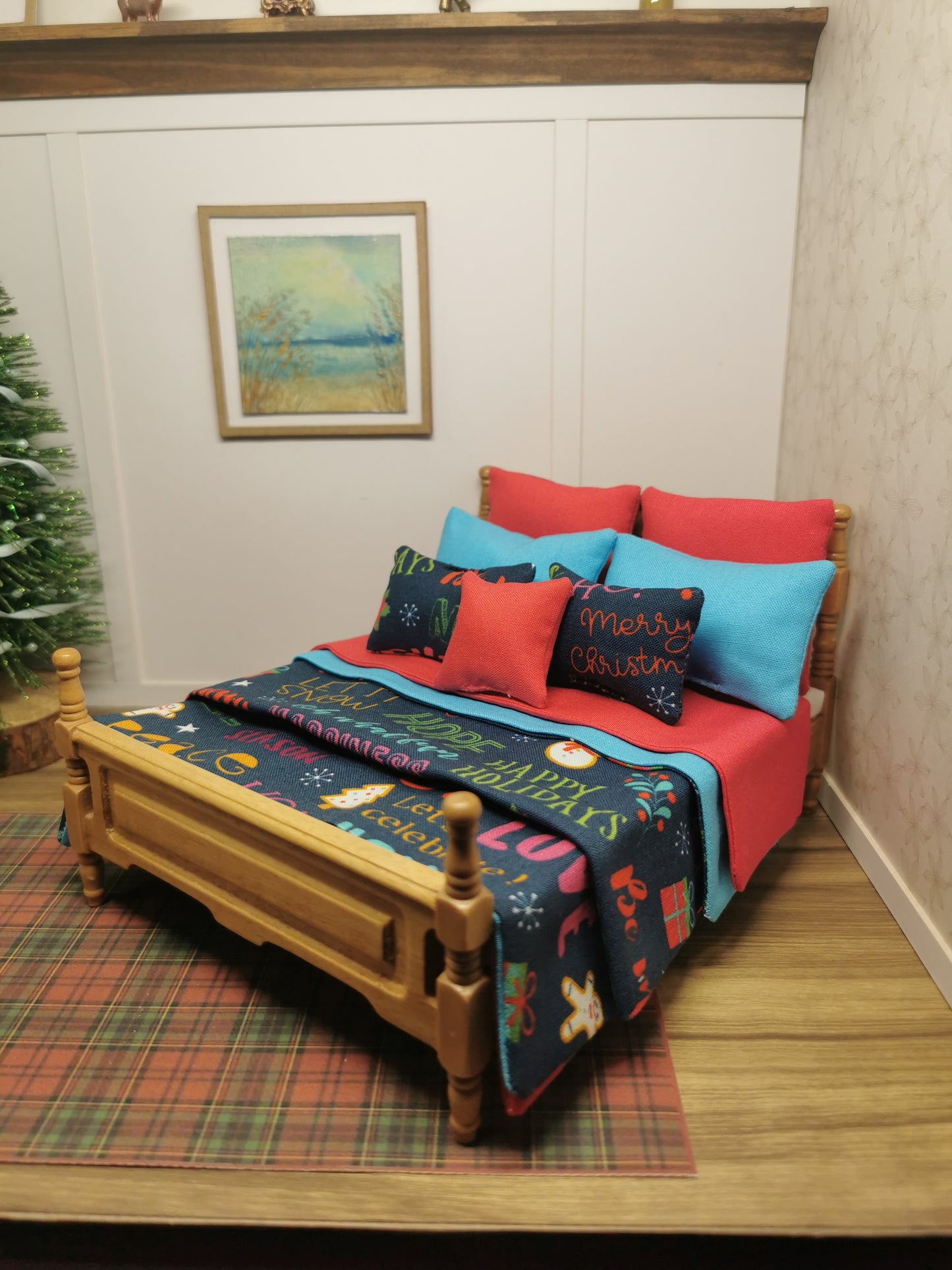 Navy Word Christmas Double Bed Linen Set | 1:12th Scale | Handmade