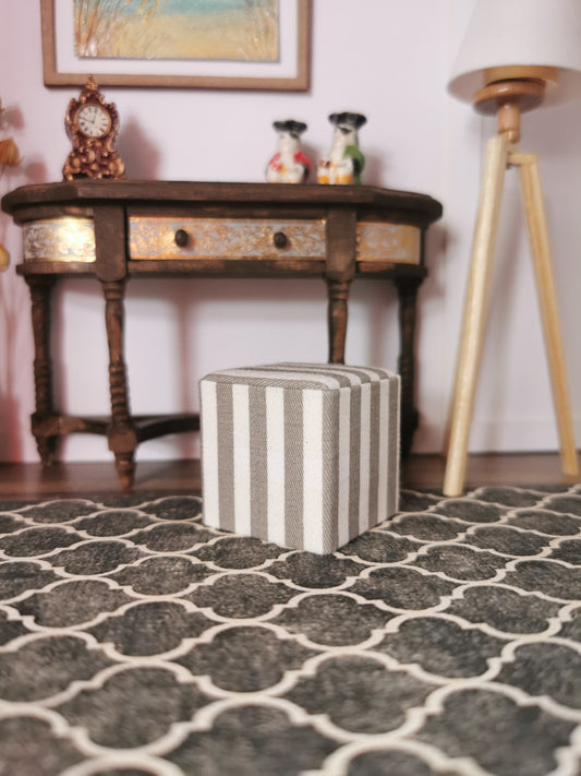 Grey/White Stripe Print Cube Foot Stool | 1:12th Scale | Hand Finished