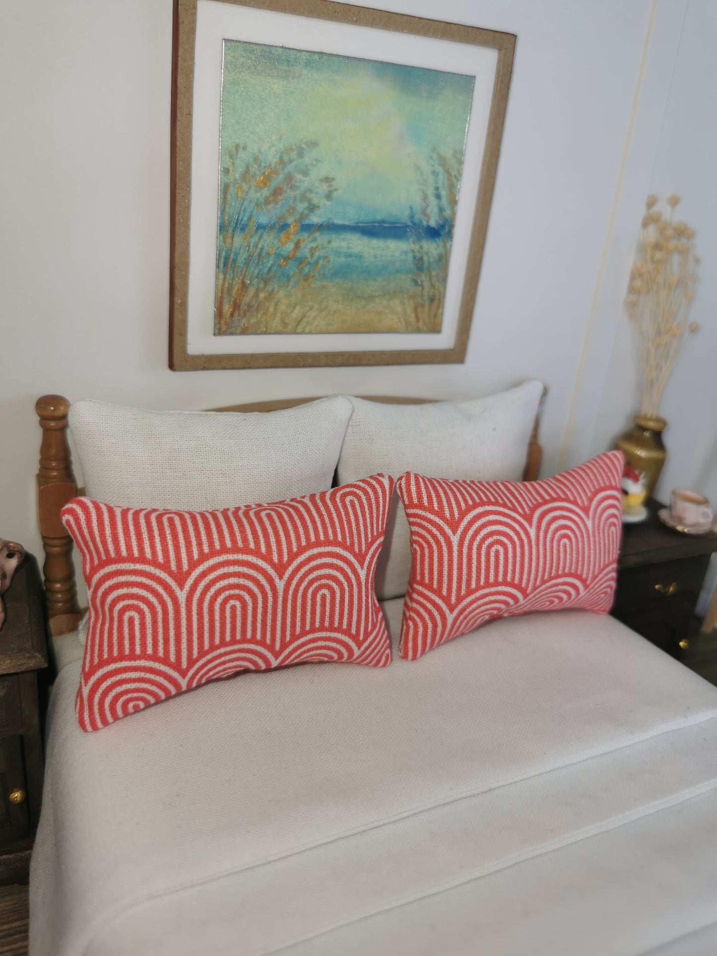 Red/White Geo Print Pillows | Set of 2 | 1:12th Scale | Handmade