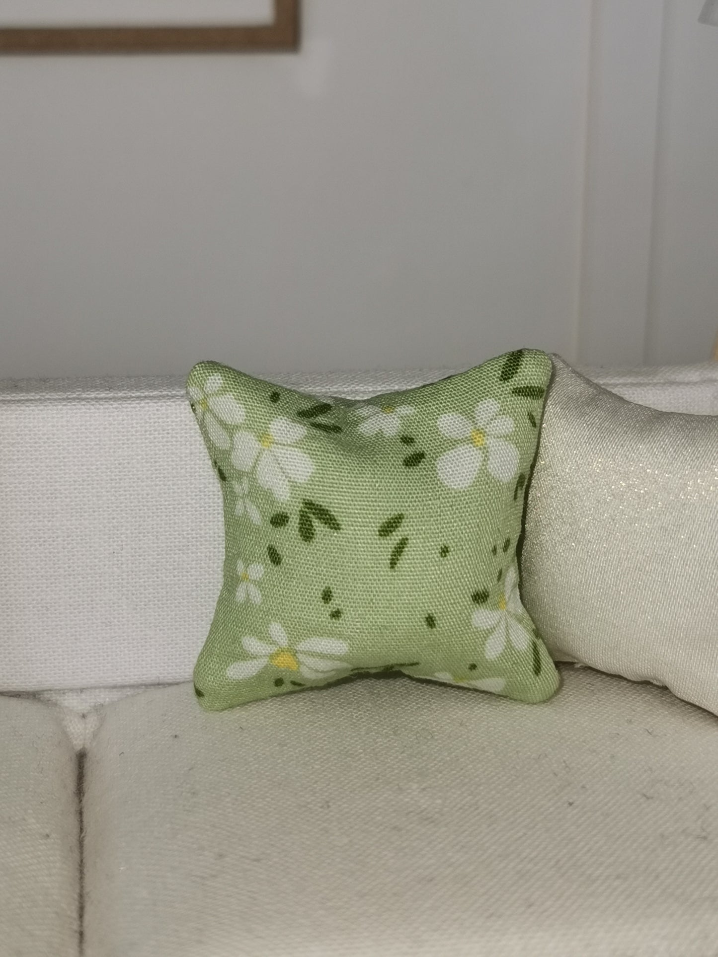 Green/White Floral Print Cushion | 1:12th Scale | Handmade